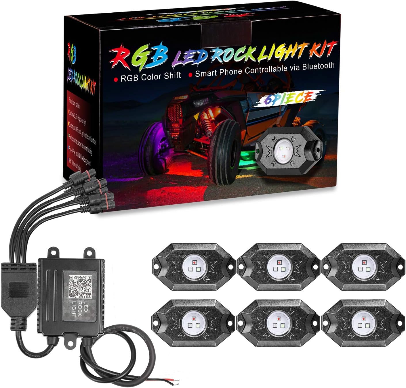 OFFROADTOWN RGB LED Rock Lights with 6 pods Neon Trail Rig Lights Underglow Universal for UTV ATV Polaris Can-Am Yamaha Honda Tundra