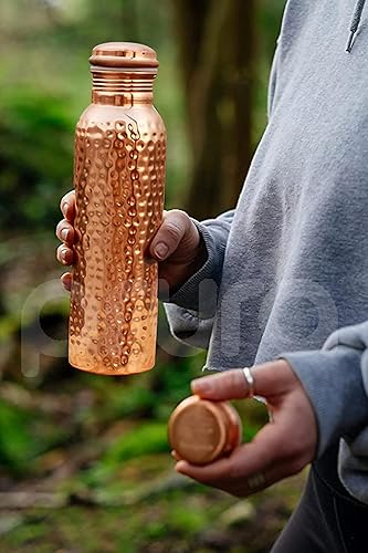 Miniatura 6 de PRURA Botella de agua de cobre puro 100% hecha a mano con grabado de burbujas, 30 onzas, para agua potable, yoga, viajes, llevar ayurveda,