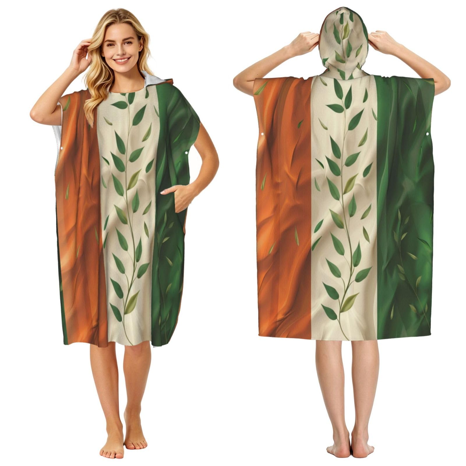 KLGRTJHK Ireland Flag Adult Hooded Beach Poncho Towel 43"X35"