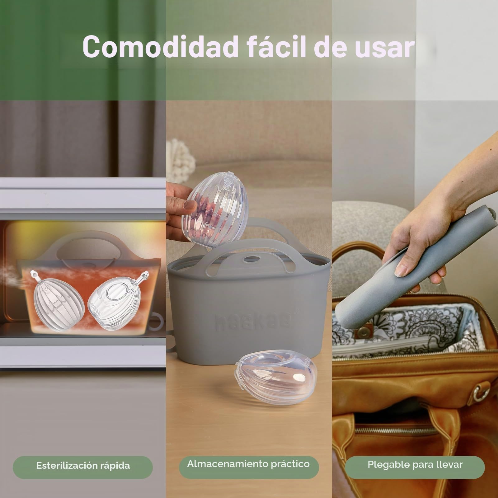 haakaa Extractor de leche materna de silicona portátil con bolsa esterilizadora, 2 en 1 manos libres pasivo para mamá lactante, artículos esenciales de lactancia, paquete de 2 bombas de 75 ml y 1