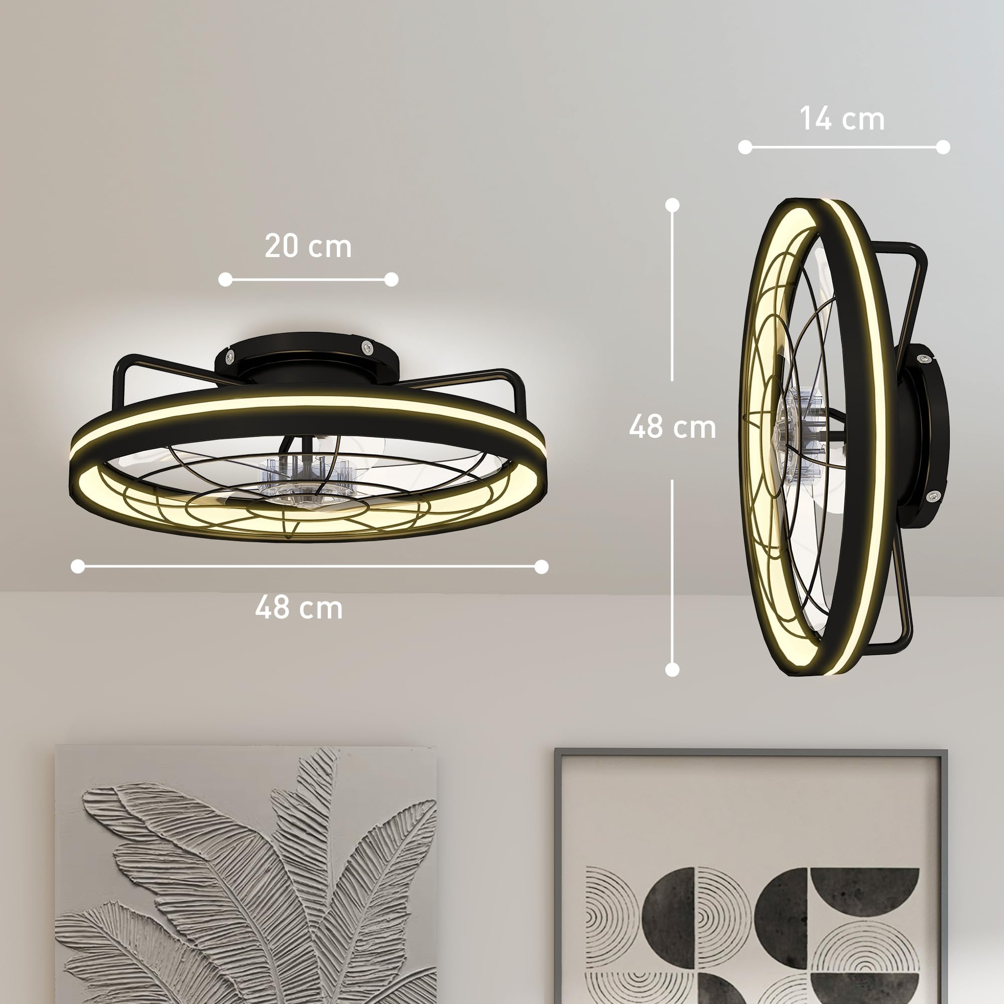 HOMCOM Deckenventilator mit Beleuchtung, Fernbedienung, Ø48 cm, 40 W LED Deckenleuchte mit Ventilator, 3 Lichtfarben, Timer, 6 Geschwindigkeiten, dimmbar, leiser DC Motor, Lampenschirm Schwarz