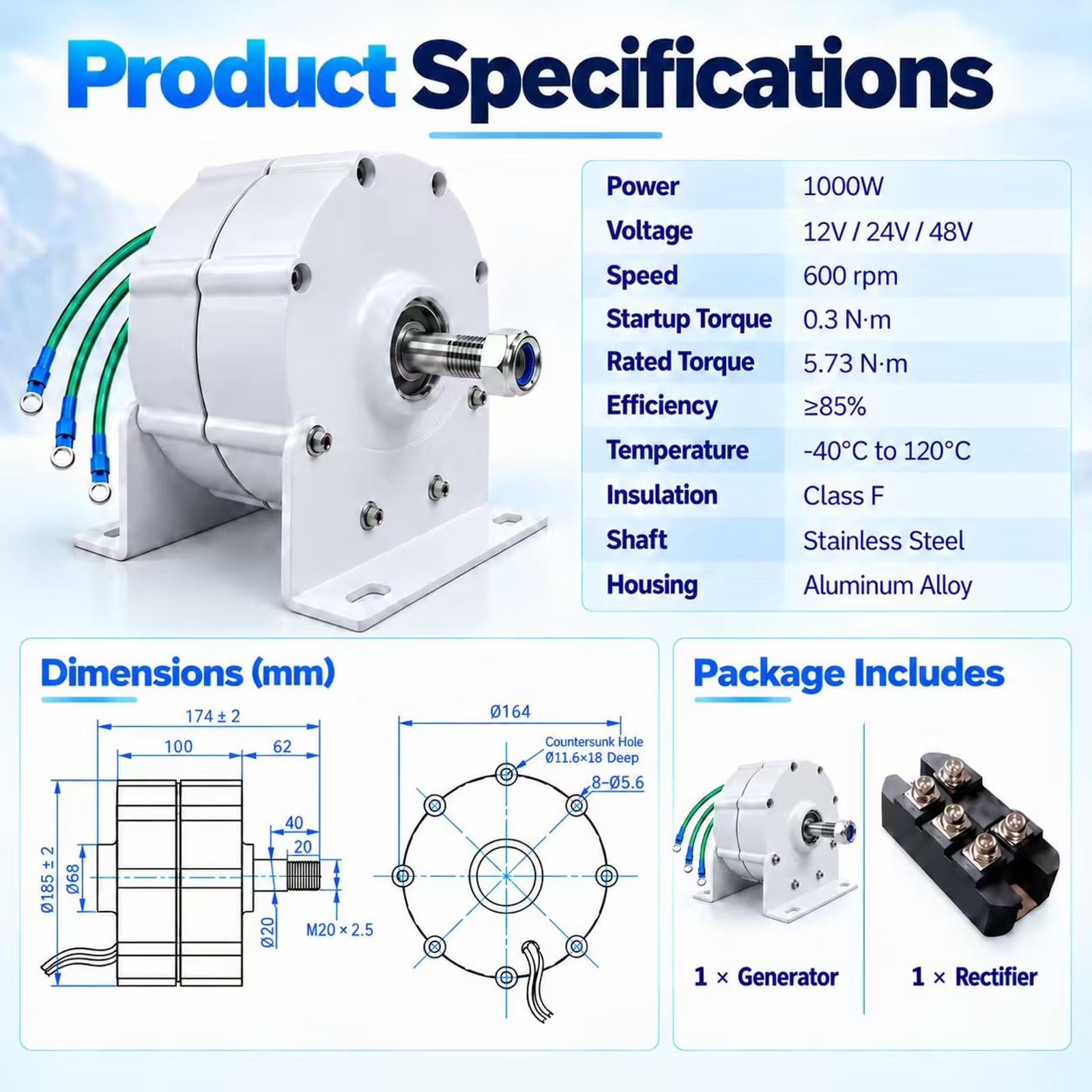 Alternatore a Magneti Permanenti Senza Ingranaggi 1000 W 12V
