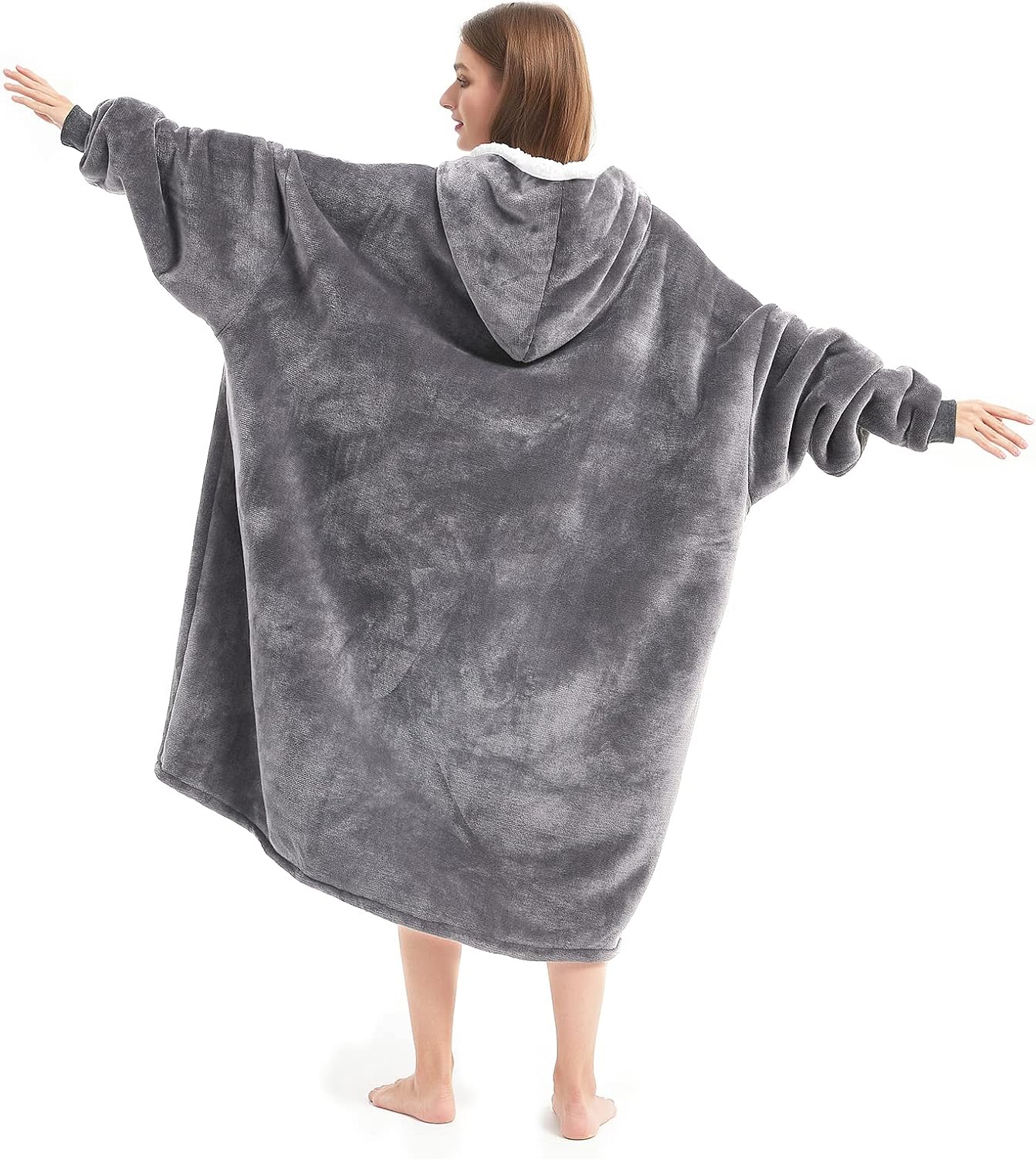 Wearable Blanket Hoodie with Giant Pocket （Pet Won't Leave） Extra Soft Sherpa Fleece Thick Warm ＆ Cozy Oversized Sweatshirt Blanket Jacket with Sleeves-Grey - Image 4