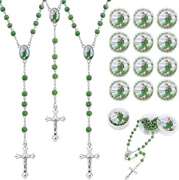 12 PCS San Judas Tadeo Green Wooden Bead Rosary For Baptism Favors, Rosaries In Bulk For First Communion Party Favors For Guests, Rosarios Catolicos 12 Pack Para Recuerdos De Bautizo Para Nino