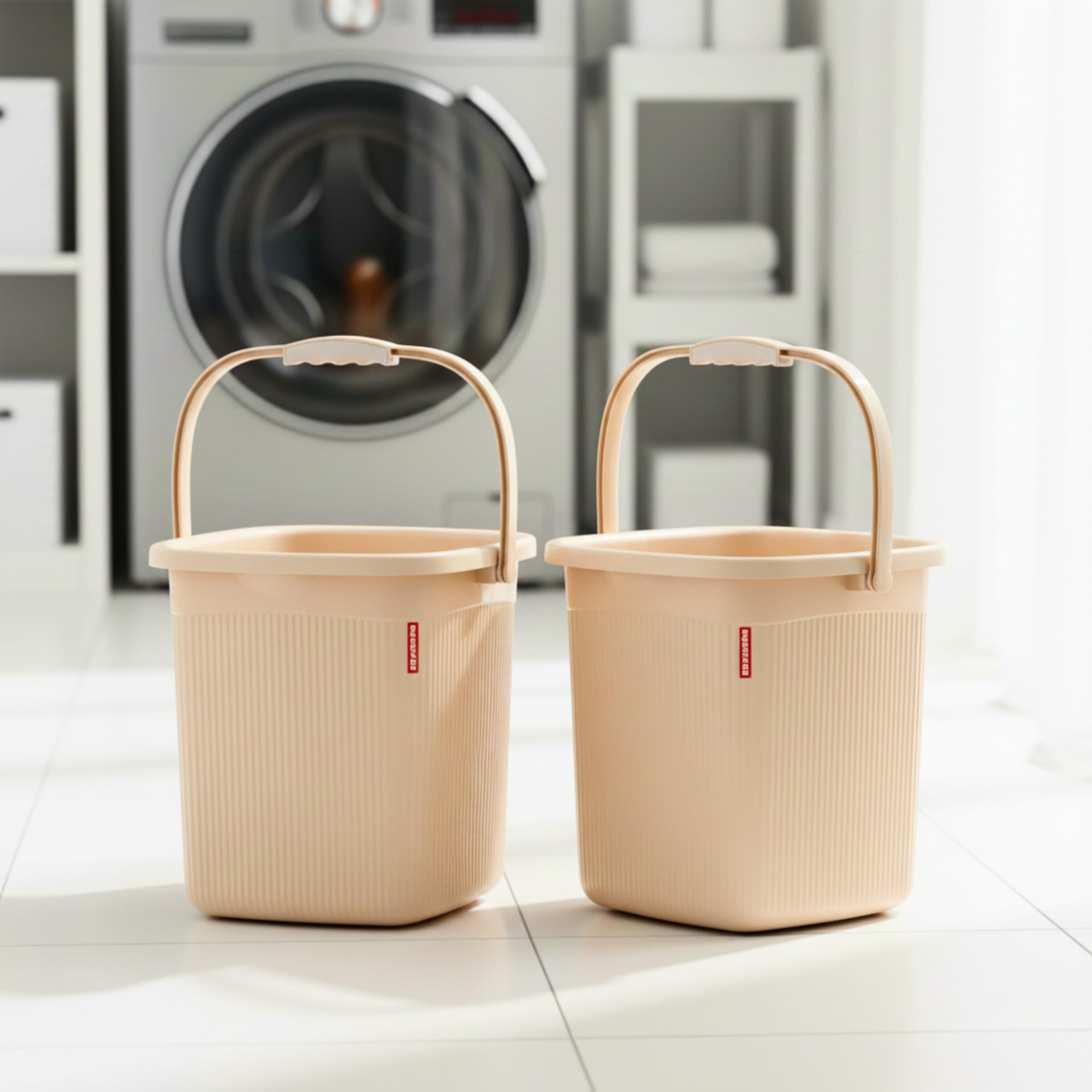 MODWARE 5L Square Bathroom Bucket, Polypropylene, Brown, Space-Saving Design, Anti-Slip Handle, Pack of 2 (Cream)-image-2