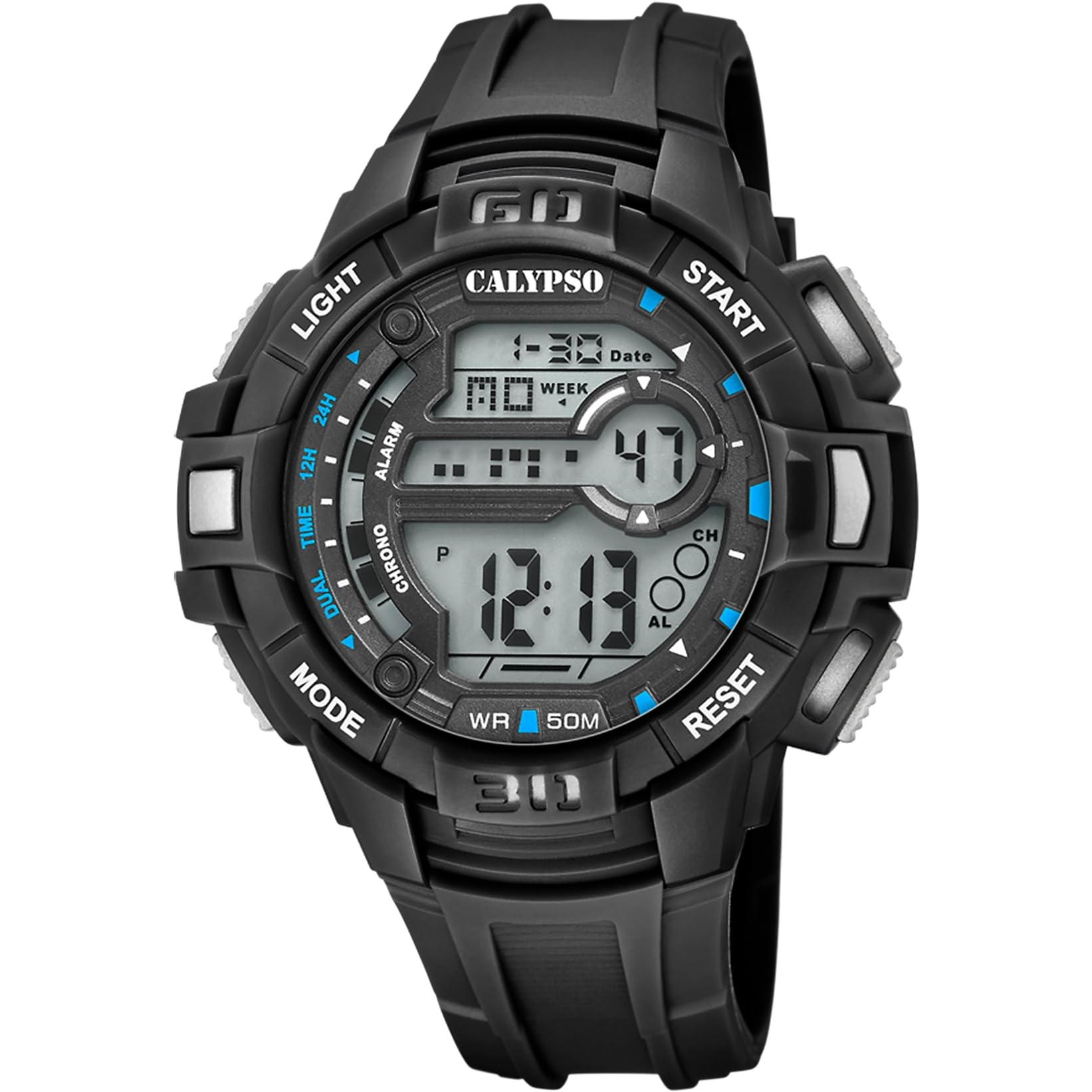 CALYPSO Reloj Digital Hombre K5836 Cuarzo - Resistente al Agua 10 ATM Fecha y Calendario, Cronógrafo, Doble Horario, Luz, Alarma, 12 y 24 Horas - Correa de Caucho Verde - Flash Time