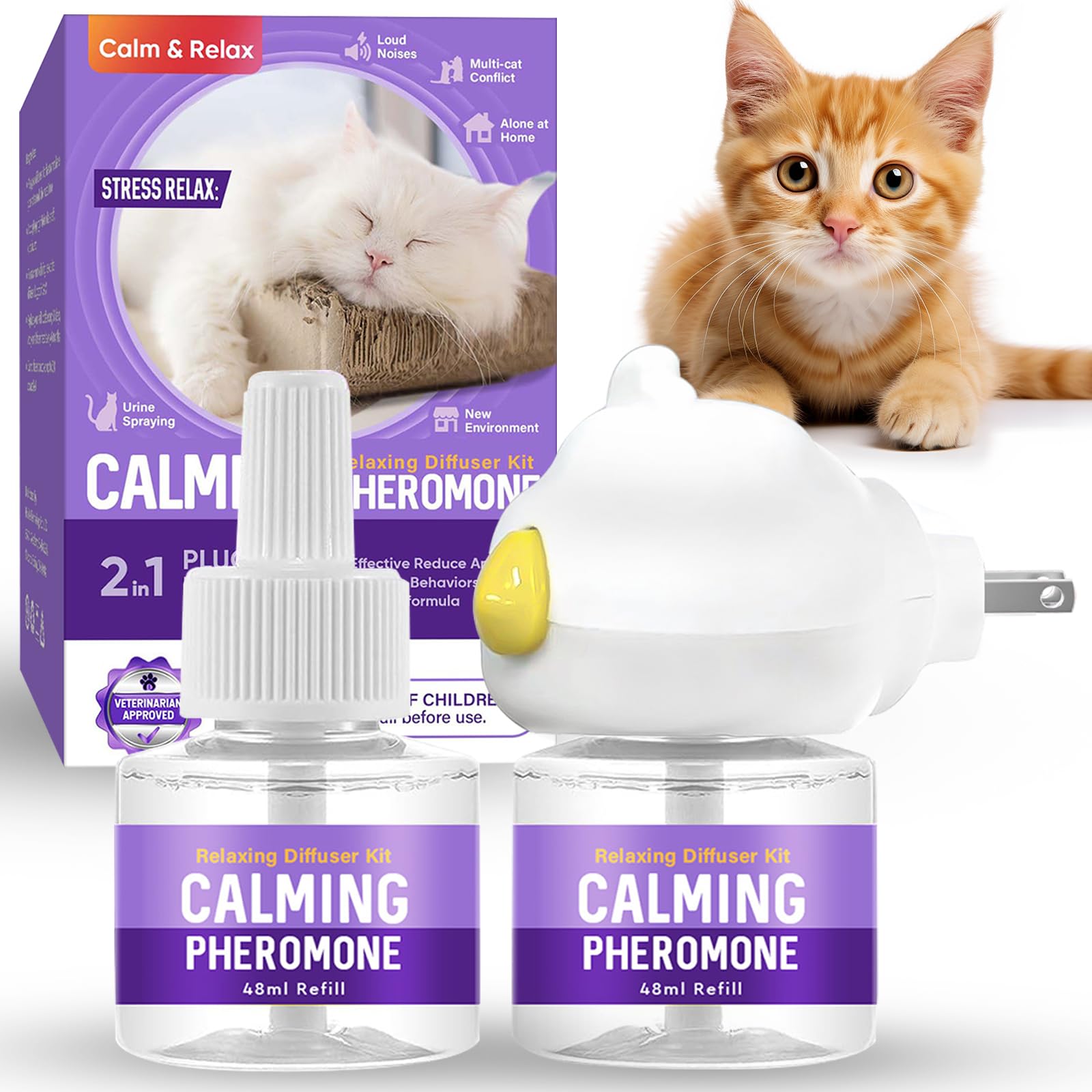 Feromoni per Gatti, 2 Ricariche 48 ml, Adatto per Più Gatti | Diffusore di Ferormoni per Gatto per Ridurre Graffi e Marcature, Soluzione Relax per Gatti per 60 Giorn