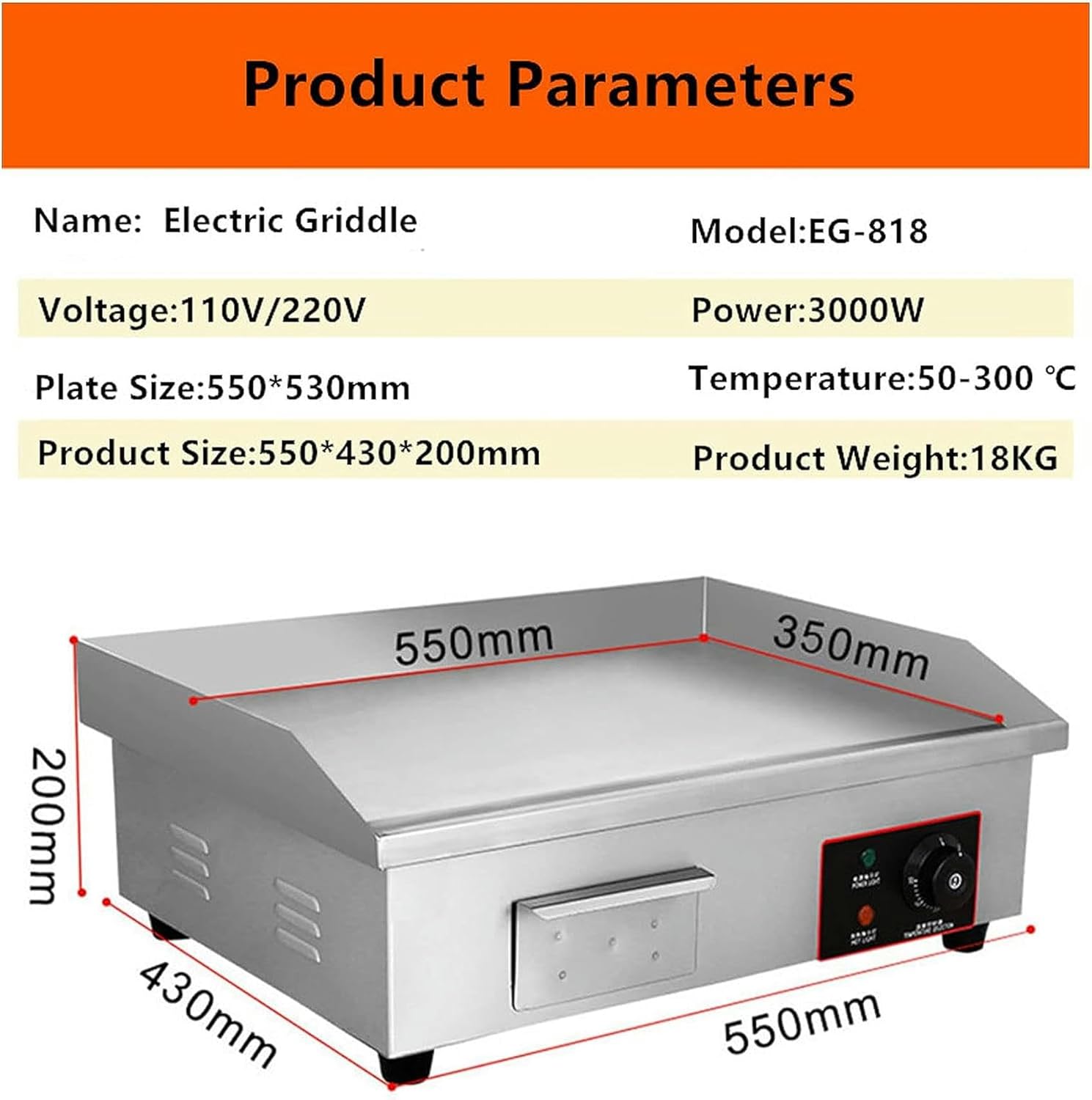 Commercial Electric Griddle, 3000W Commercial Stainless Steel Electric Countertop Griddle with Adjustable Temperature Control & Drip Hole, 8mm Cooking Surface Thick, for Restaurant Home