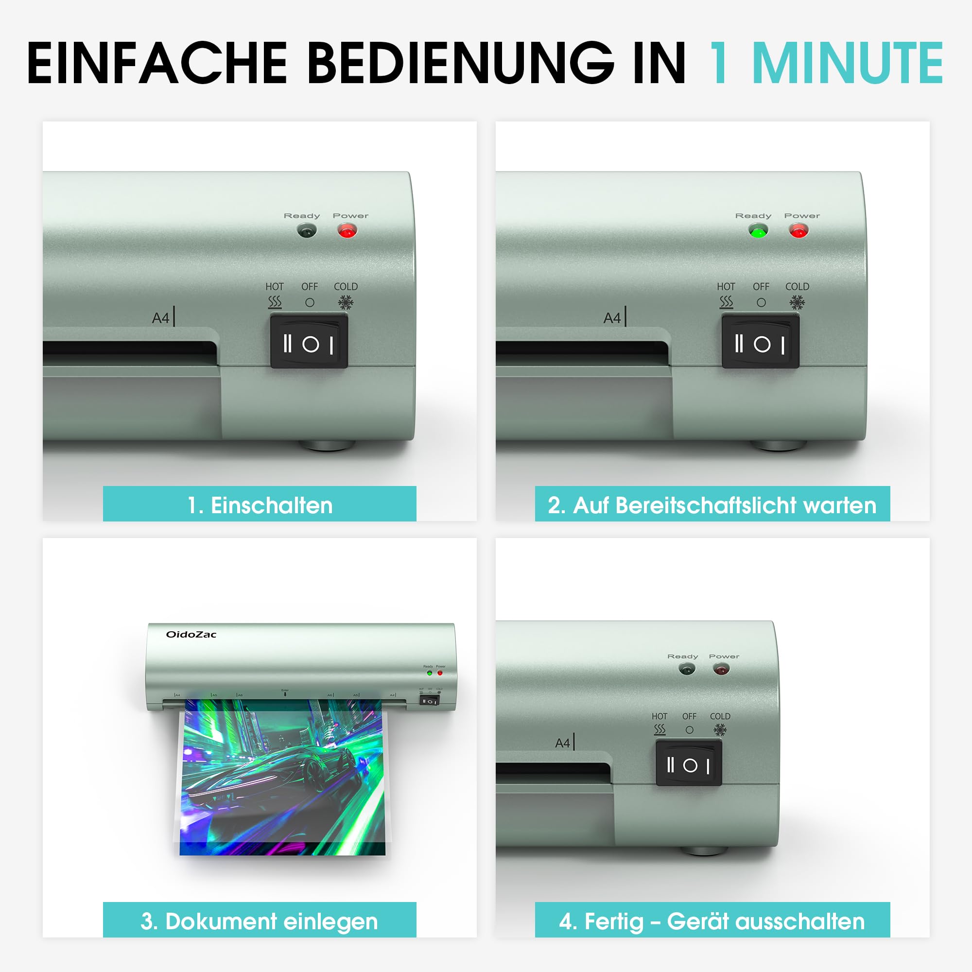 A4 Laminiergerät 4-in-1 Heiß+Kalt mit ABS-Stopp