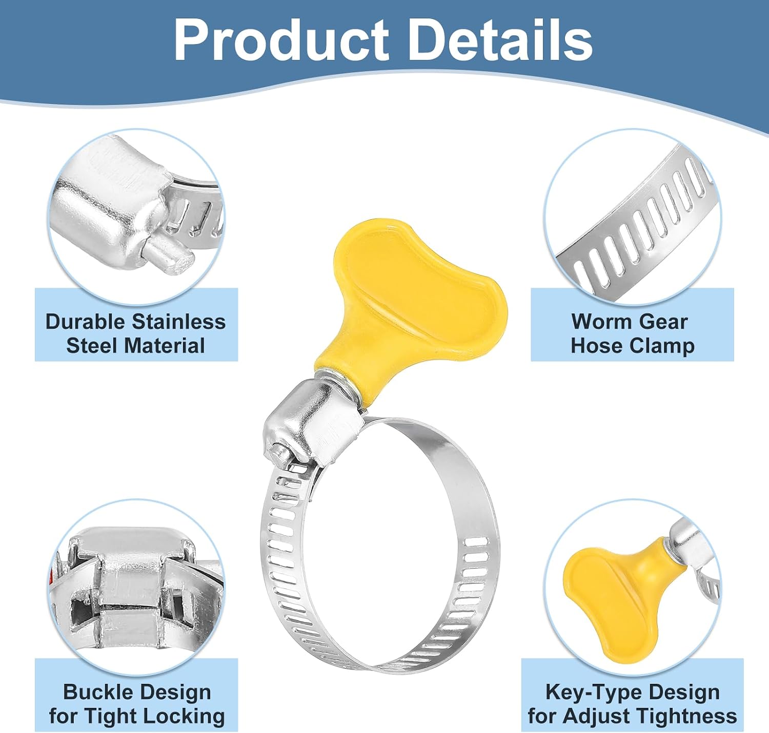 uxcell 20Pcs Stainless Steel Hose Clamps Worm Gear Hose Clamp, 18-32mm(11/16" to 1-1/4") Adjustable Thumb Screw Key Type Clamps Fuel Line Clamps 8mm Bandwidth for Plumbing, Yellow