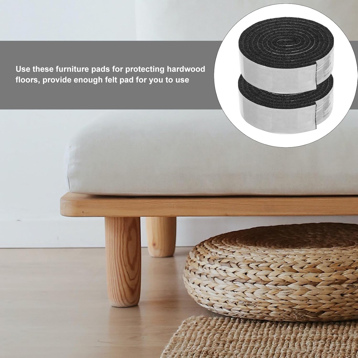 jojofuny Self-Adhesive Felt Furniture Pads, Non-Slip Table Feet Mats for Hardwood Floor Protection, Noise-reducing Felt Roll Strips, Black 100x2cm, 2 Rolls for Chairs and Tables