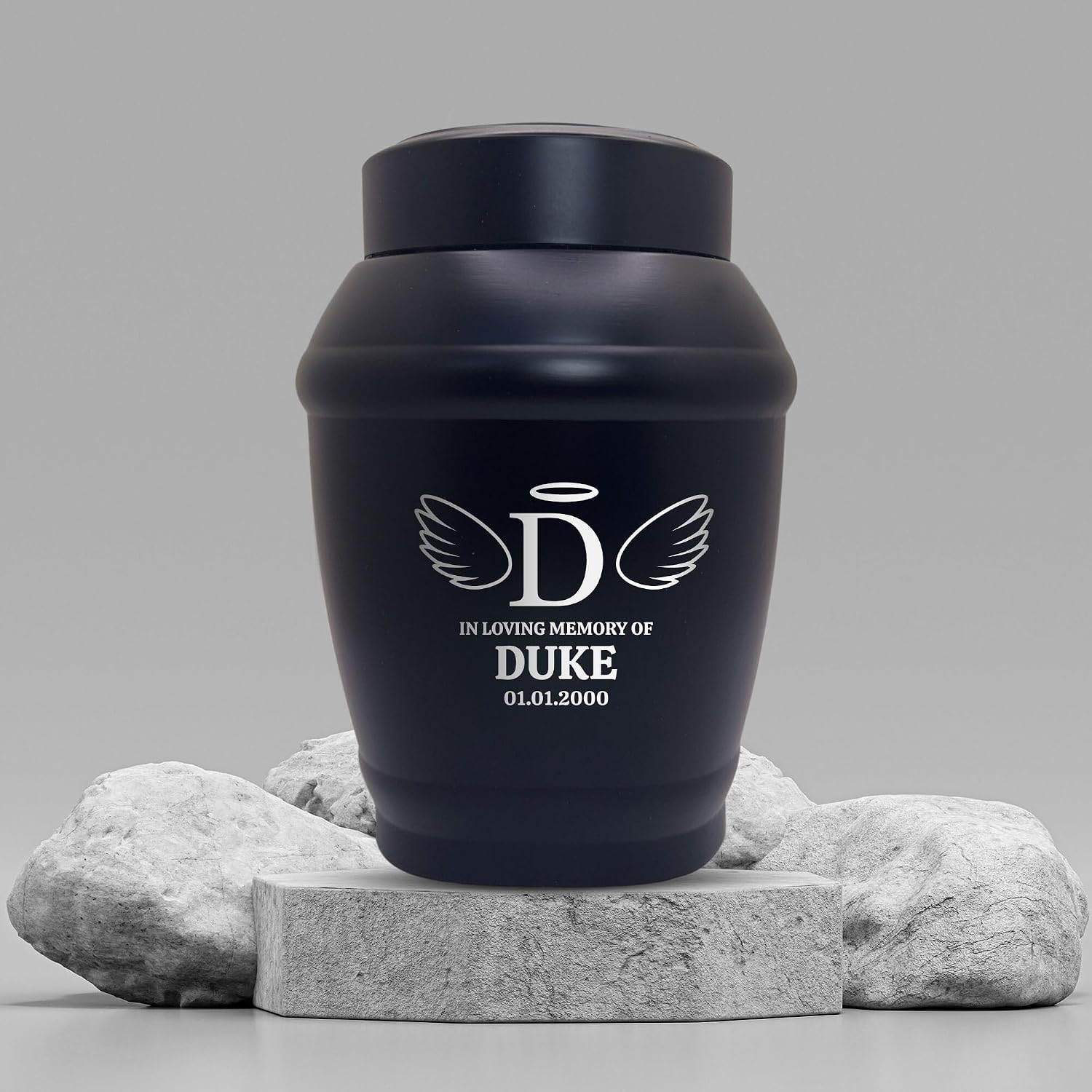 Personalized Custom Dog Urn Engraved with Dog Name Date and Wings and Halo Design | Stainless Steel Cremation Urns for Pet Ashes and Remains | Medium Breeds Up to 40 Lbs | Standard 6" x 5" | Black