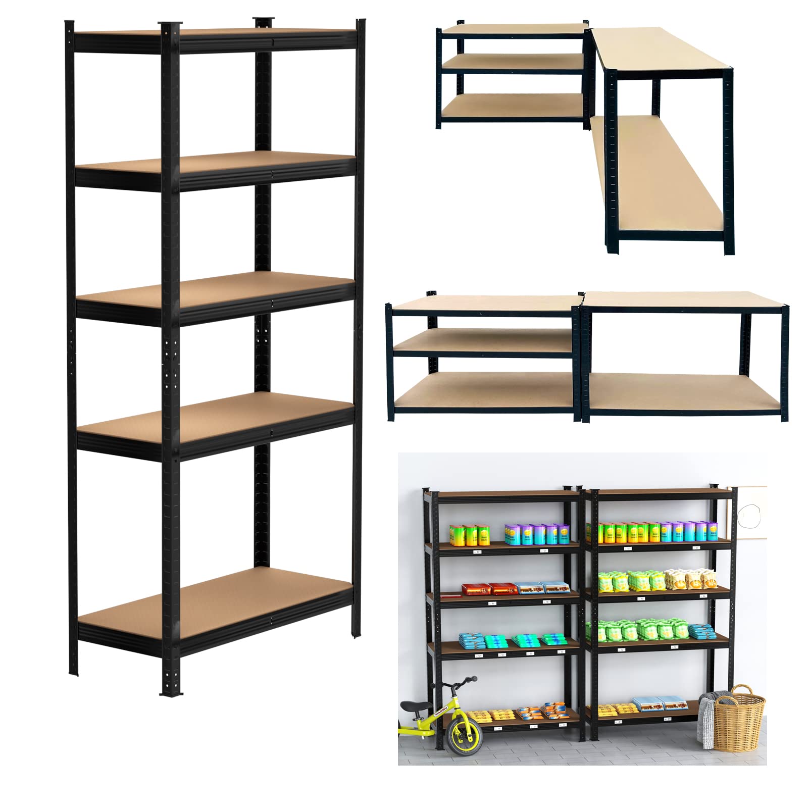 1.8m 5 Tier Heavy Duty Metal Galvanised Adjustable Shelving Rack Unit, Boltless Industrial Storage Shelves for Garage Warehouses Garden,875kg Capacity, 180x90x40 cm, Black