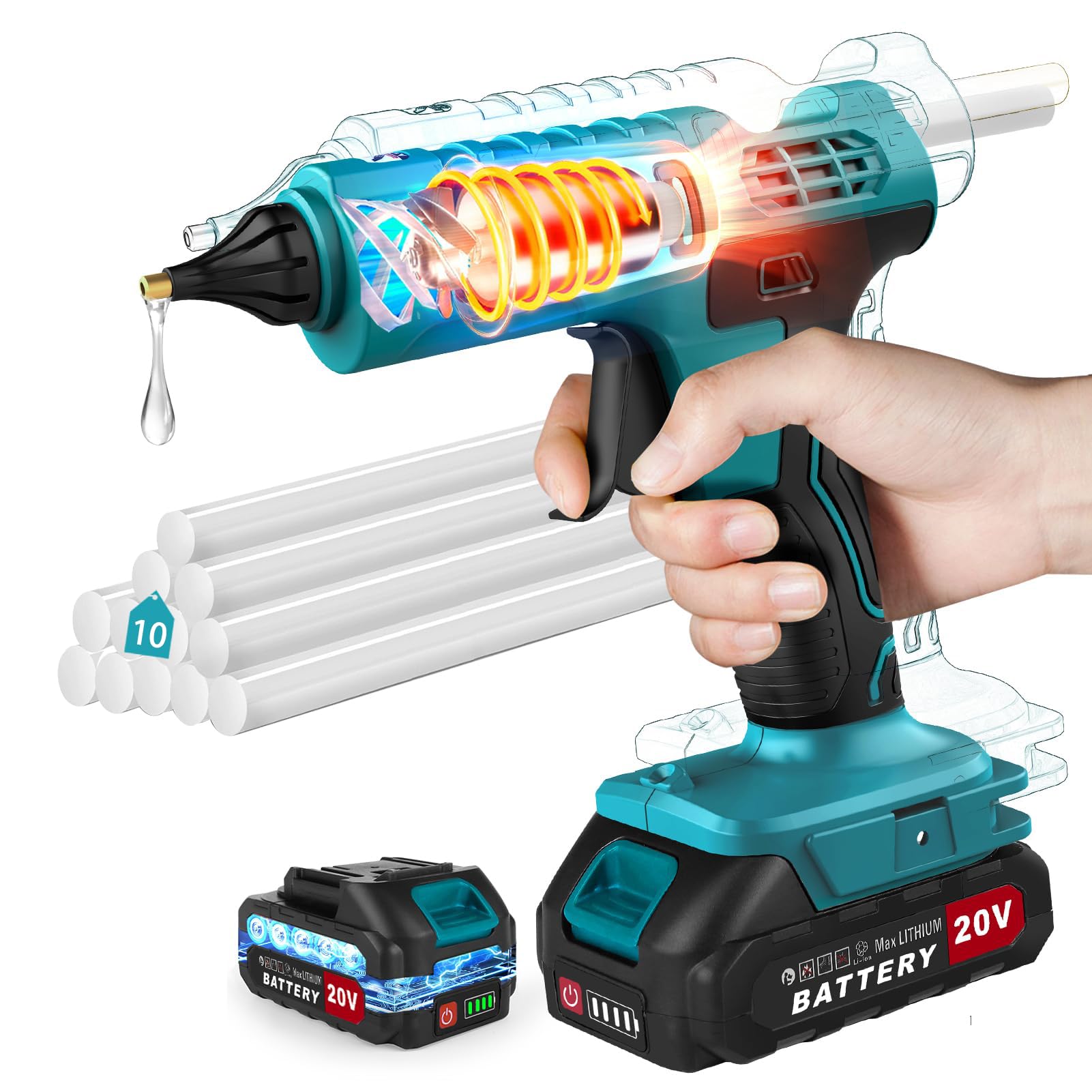 KASTWAVE 100W Cordless Hot Glue Gun Kit, Wireless Glue Gun Rechargeable with Stand, Heavy Duty Hot Glue Gun with 10pcs 0.43'' Full Size Hot Glue Gun Stick for Craft & DIY