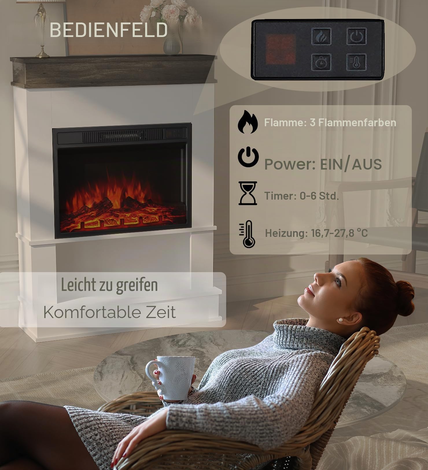 58,4 cm (23 Zoll) elektrische Fireplace Suite mit realistischem Flammeneffekt und Fernsteuerung mit 3 einstellbaren Flammenfarben und Helligkeit, 900 W/1800 W