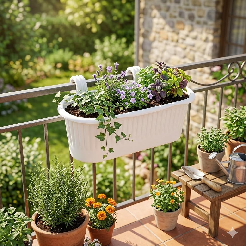 White Railing Planters for Balcony (Set of 4) - Durable Plastic Hanging Flower Pots with Ribbed Design | Opening Length: 39cm, Height: 14cm, Width: 15cm | Ideal for Indoor & Outdoor Gardening 4