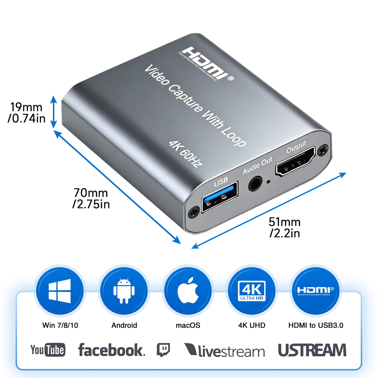 Scheda di acquisizione 4K, scheda di acquisizione video da HDMI a USB 3.0 con loopout per Nintendo Switch, 1080p 60fps con uscita audio per streaming, Xbox/PS4/PS5/PC, VLC/OBS/Amcap