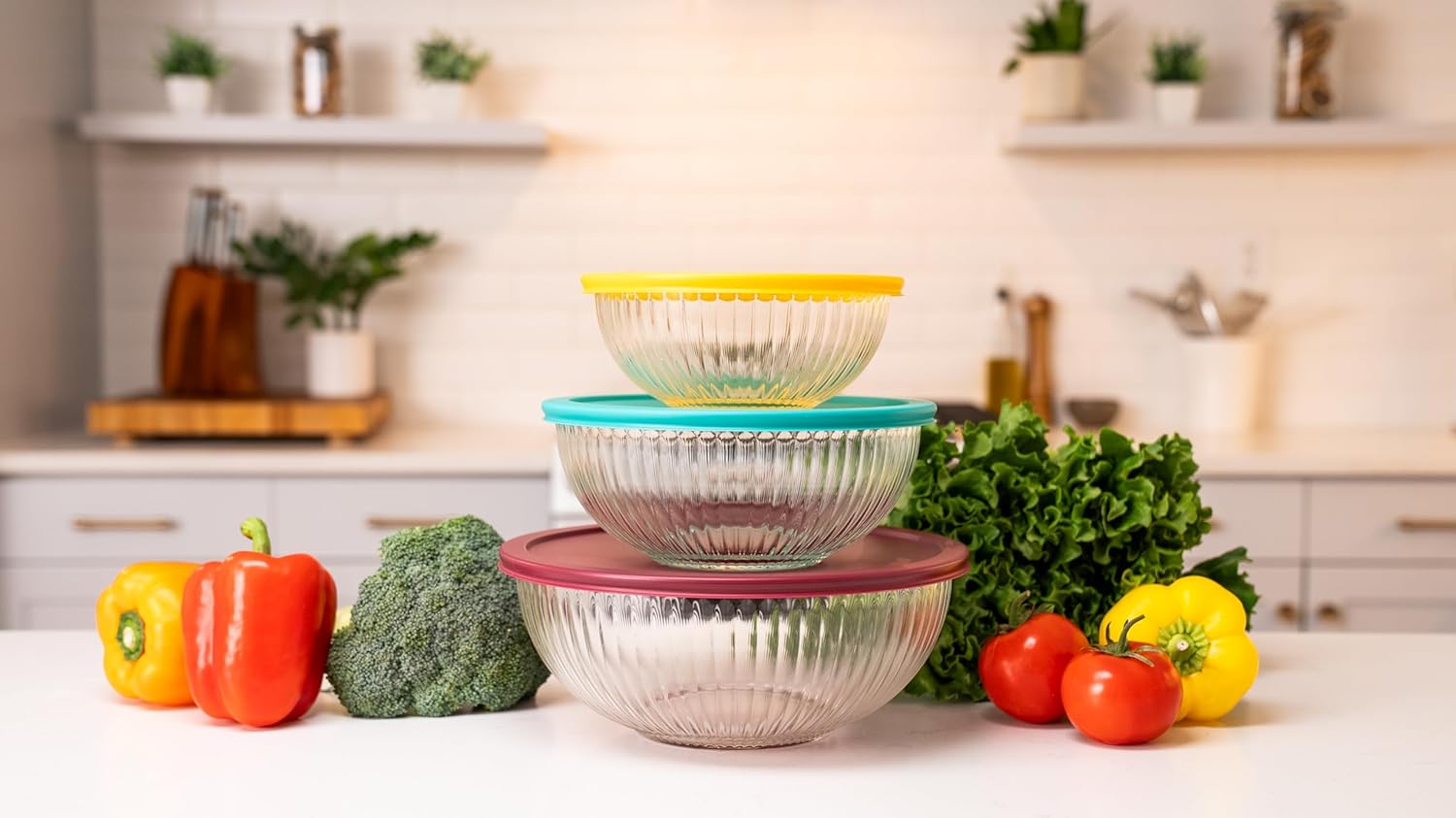 Sculpted 3 Pack Glass Mixing Bowls (1.1 QT, 2.1 QT, 3.7 QT) – Borosilicate Glass Bowls with Airtight BPA-Free Lids, Nesting Bowls for Baking and Prepping Food, Oven, Freezer & Microwave Safe - Image 2