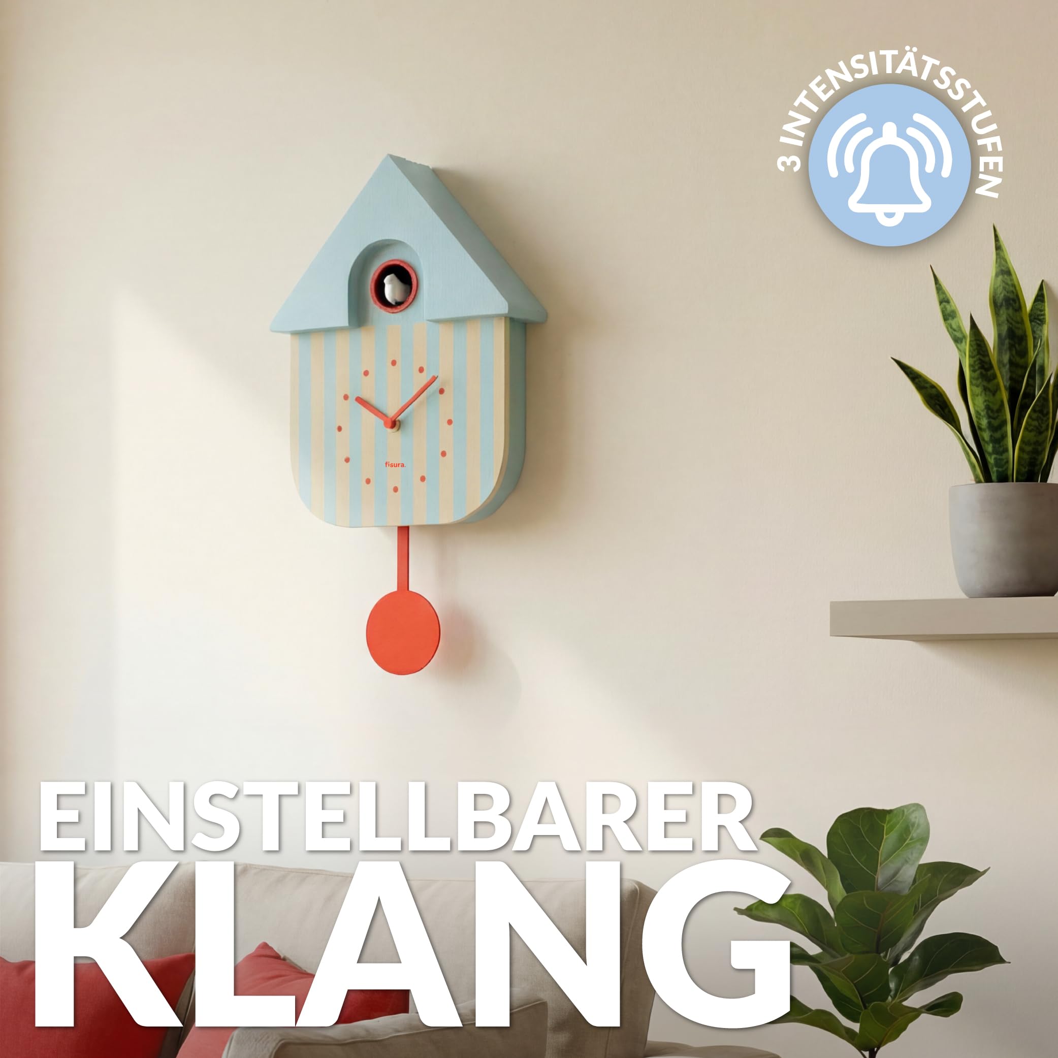 Fisura Kuckucksuhr mit Streifen in Blau und Beige mit rotem Zifferblatt, originelle Wanduhr, Beige und Blau, Dekoration als Geschenk, 3 AA-Batterien Nicht im Lieferumfang enthalten, Maße: 21,5 x 8 x | Moderne Wanduhr, Geschenkdekoration, 3 x AA-Batterien