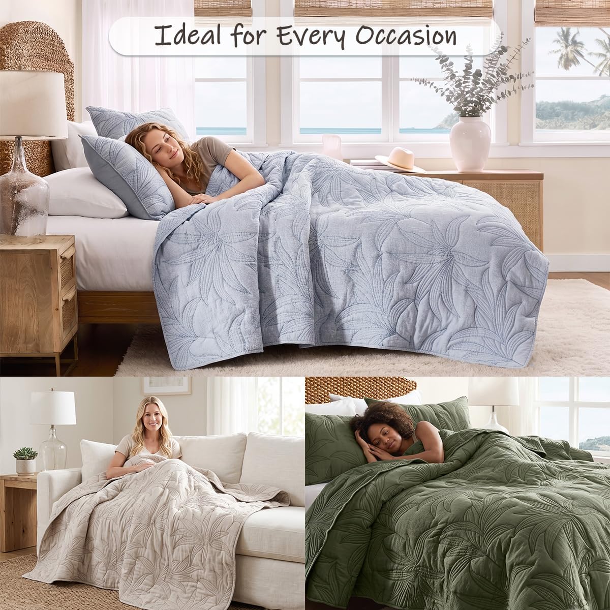 WDCOZY Beige Leaf Embroidered Quilt Set, Queen Size, Lightweight, 3 Pieces