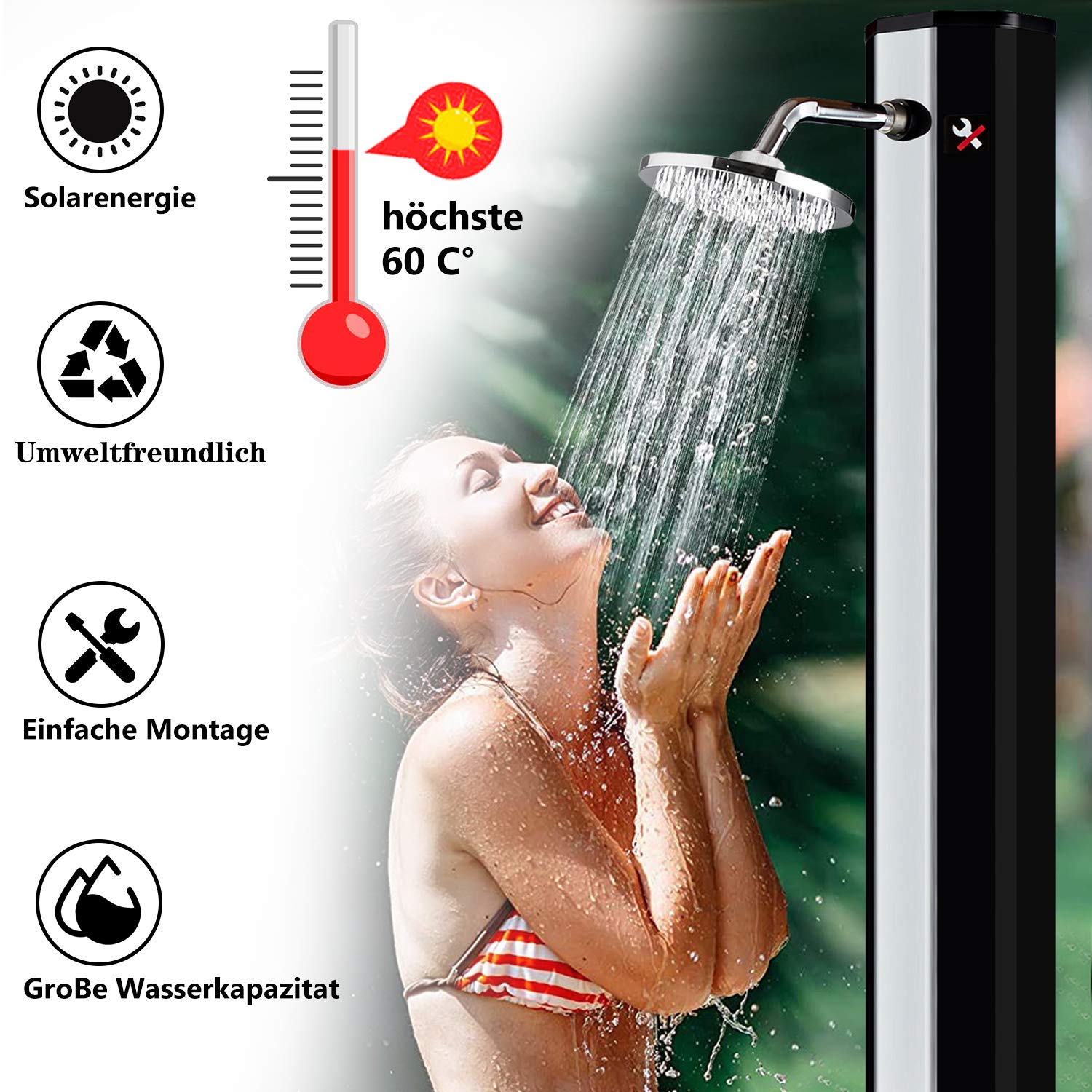 Solardouche 35 L, Tuindouche 2160 mm, Buitendouche met voetkraan en zeepbakje, Warm- en koudwaterregeling, max. 60 °C, Campingdouche voor tuin, zwembad, strandzwembad, Zwart/Zilver | NL