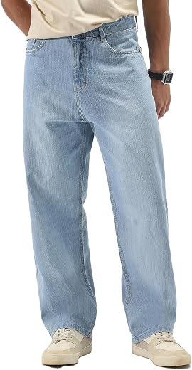 Urbano Fashion Men's Loose Baggy Fit Washed Denim Jeans Non-Stretchable