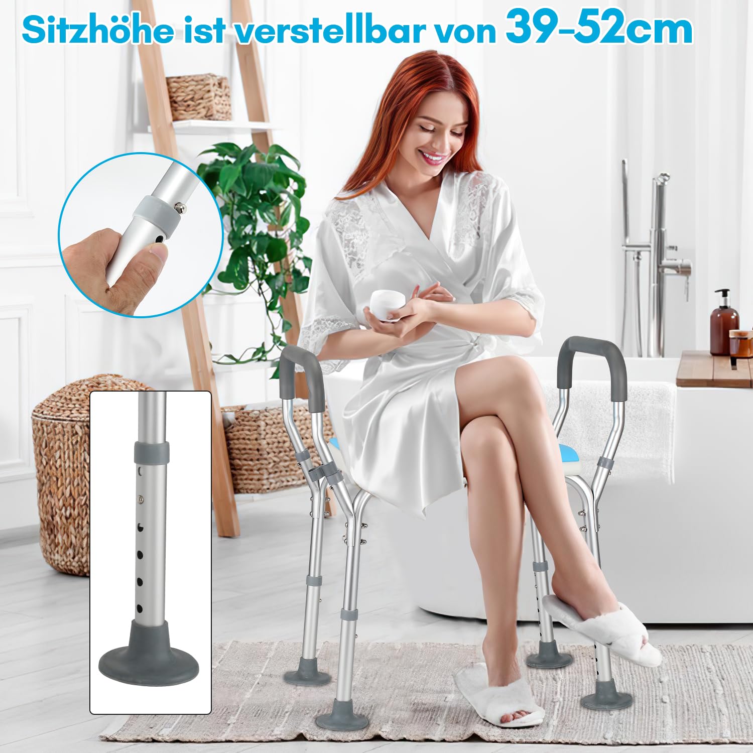 Taburete de ducha para personas mayores, asiento con respaldo, apoyabrazos, altura ajustable, cojín extraíble, antideslizante, ayuda a la ducha de aluminio