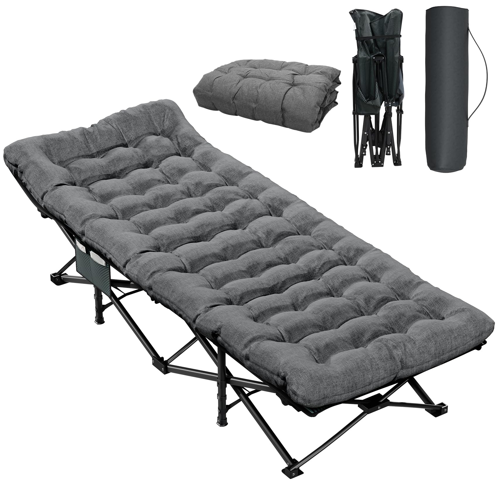 COWISH Camping Cot with Mattress, 75" L x 28" W Portable Folding Camp Bed for Adults, Camping Bed with Carry Bag for Travel Tents, Spare Beds, Maximum Weight Capacity 450 lbs, Grey
