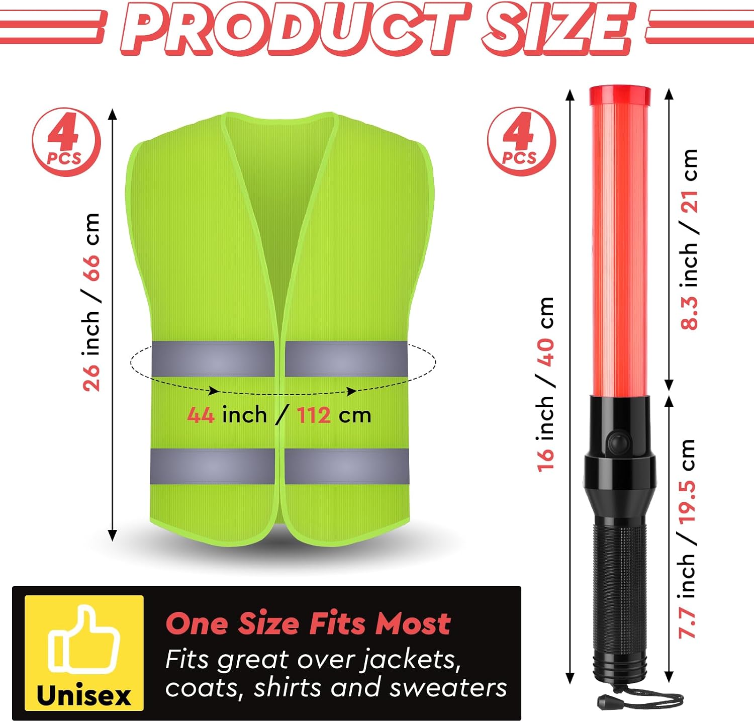 Kanayu 8 Pcs 16 Inch Signal Traffic Wand High Visibility Safety Vest Set Include 4 Reflective Safety Vest 4 Traffic Control Light Security Wands for Airport Parking(Neon Green)