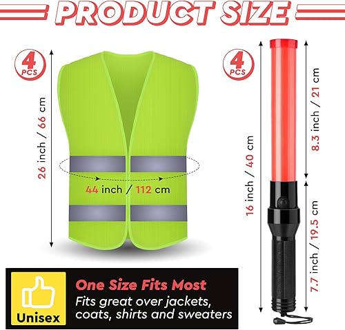 Miniatura 2 de Kanayu Juego de 8 chalecos de seguridad de alta visibilidad de 16 pulgadas, incluye 4 chalecos de seguridad reflectantes, 4 varitas de seguridad