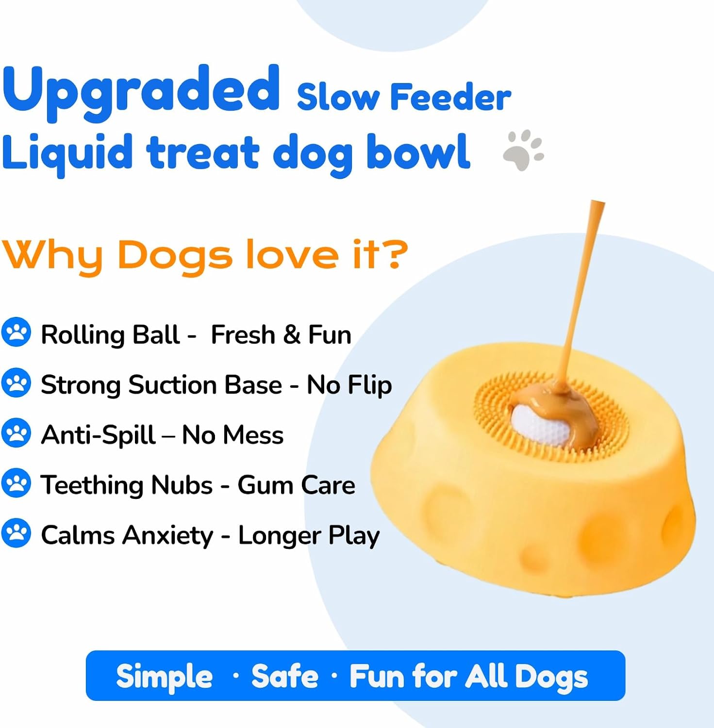 Lick and Roll Bowl for Dogs with Rolling Ball - Upgraded Interactive Slow Feeder Dog Lick Bowl with Ball for Liquid Treats Bone Broth Yogurt - Anti Slip Calming Dog Anxiety Enrichment Lick Bowl Yellow