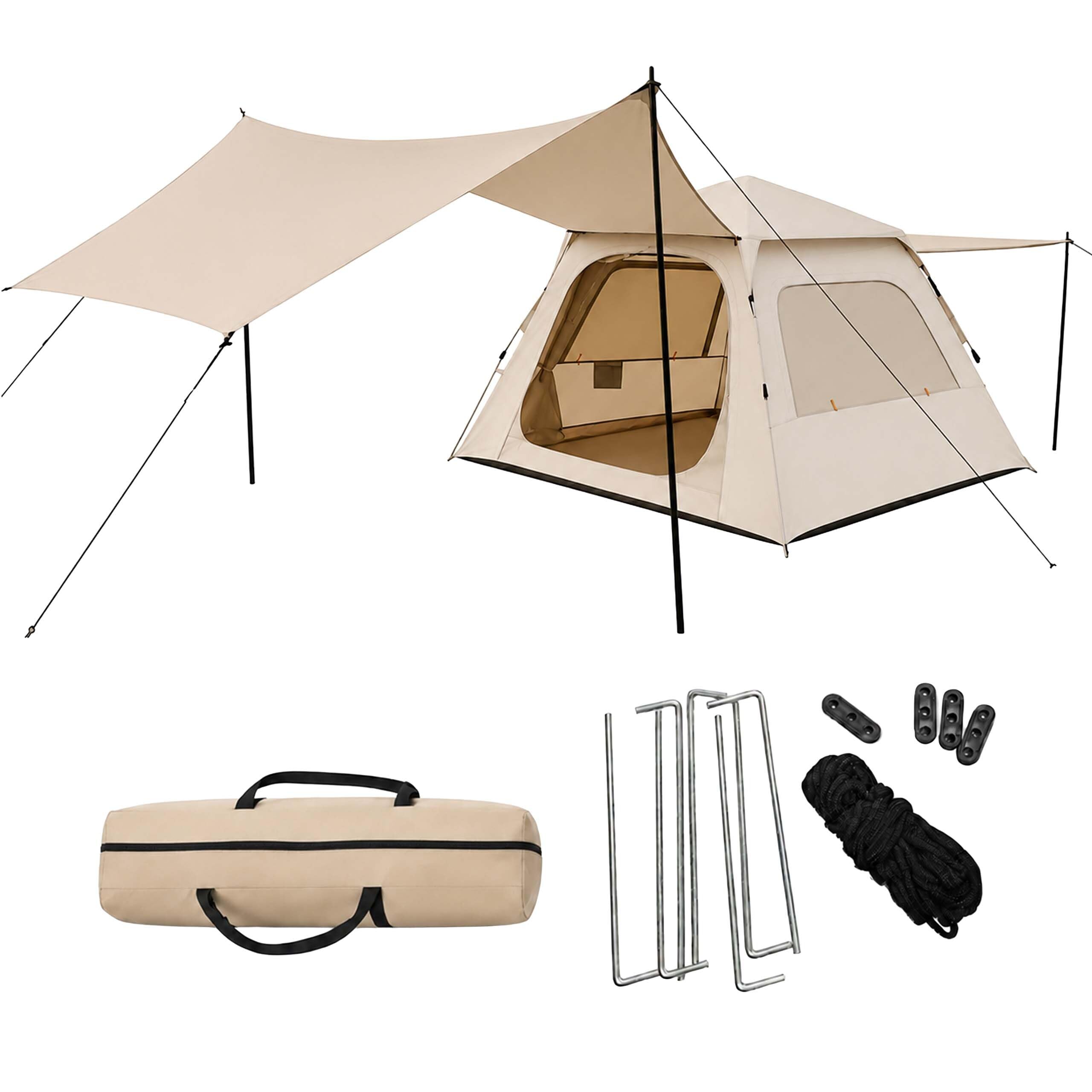 Relaxdays Tienda de campaña automática 3-4 Personas, Beige | montaje rápido, protección UV, con toldo, 155x240x240 cm
