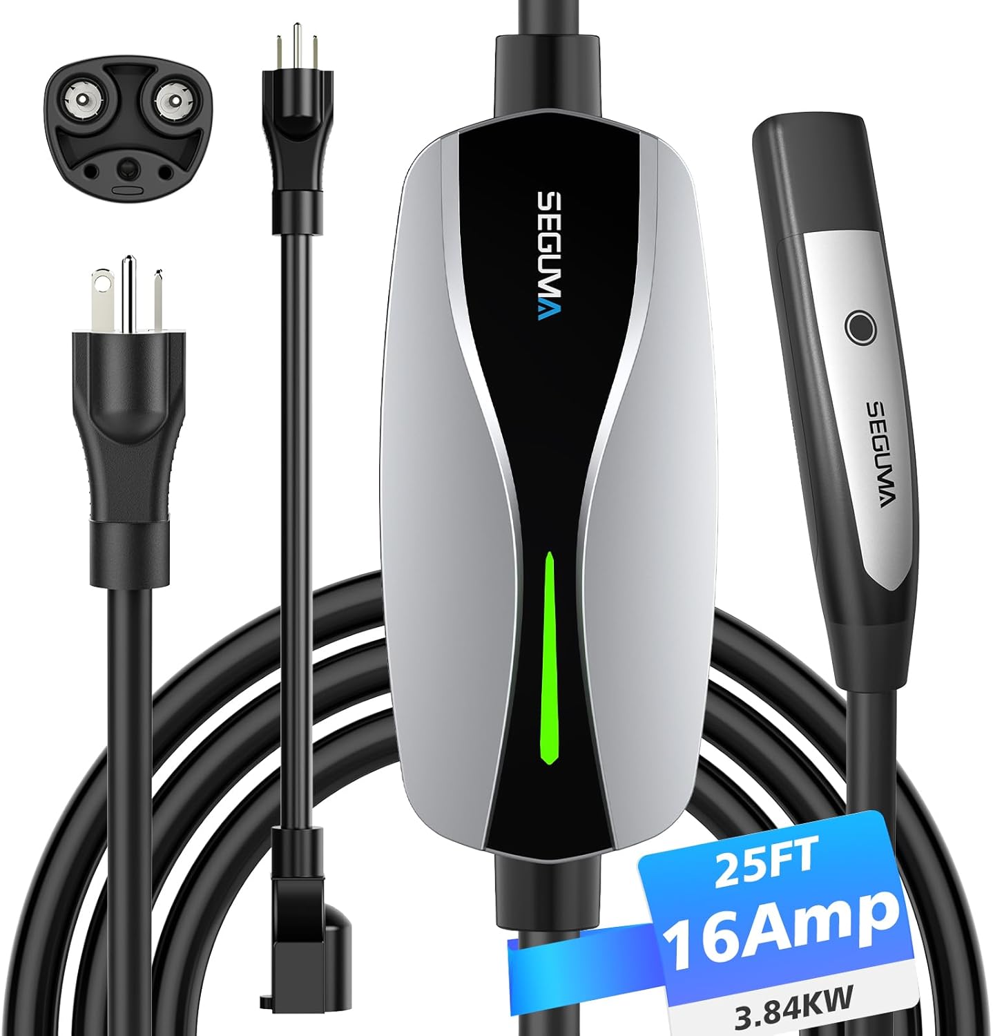 Portable Level 1/2 EV Charger for Tesla, 16A Electrical Tesla Car Mobile Charger 25FT Extension Cable with 240V NEMA 6-20 Plug, 120V NEMA 5-15 Adapter, NACS Home Wall Connector for Tesla Model-Y/3/S/X 16Amp Tesla Charger Silver