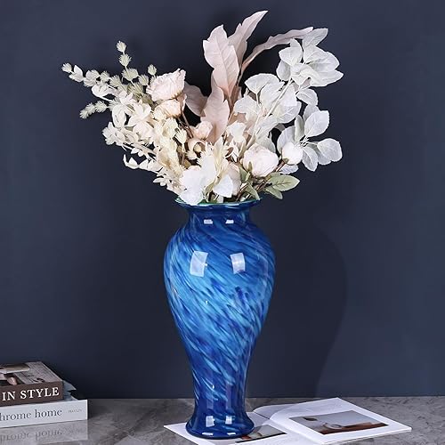 Miniatura 4 de Jarrón de vidrio azul de 20 pulgadas de alto soplado a mano para decoración del hogar, bonito y moderno jarrones de flores azul oscuro, jarrones