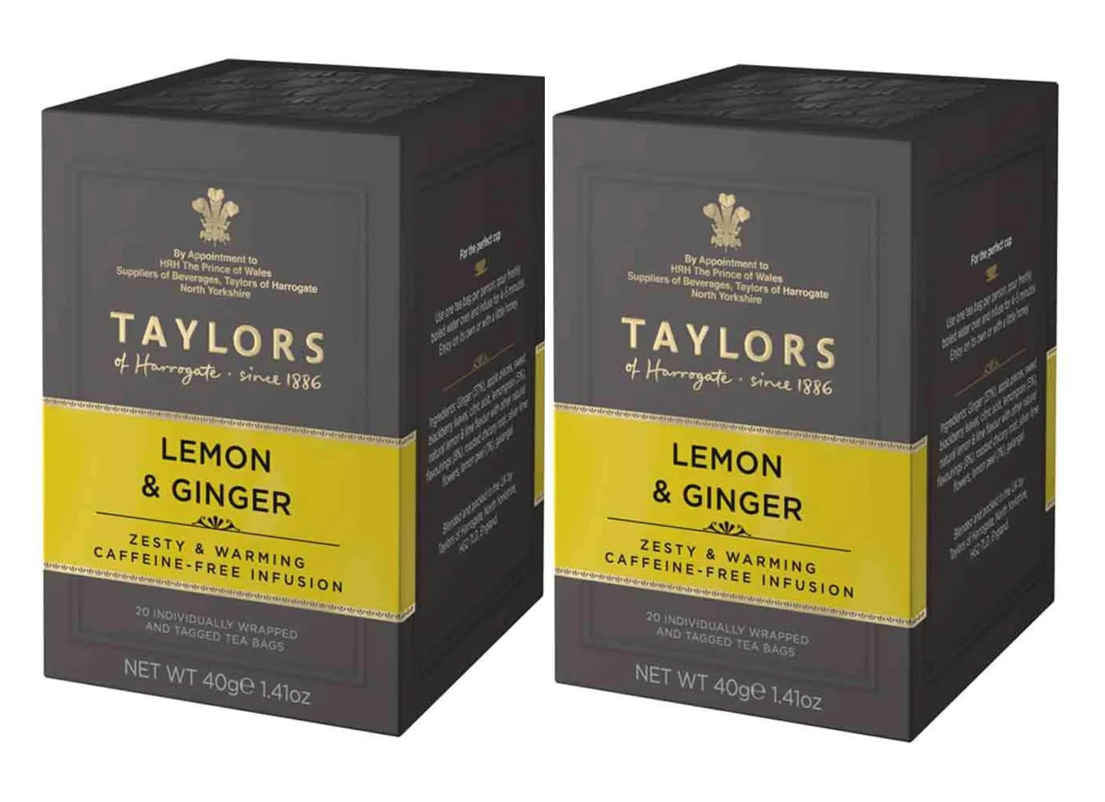Taylors Of Harrogate Lemon & Ginger Tea, Zesty & Warming Caffeine-Free Infusion, 20 Individually Wrapped Tea Bags 40g (Pack of 2)