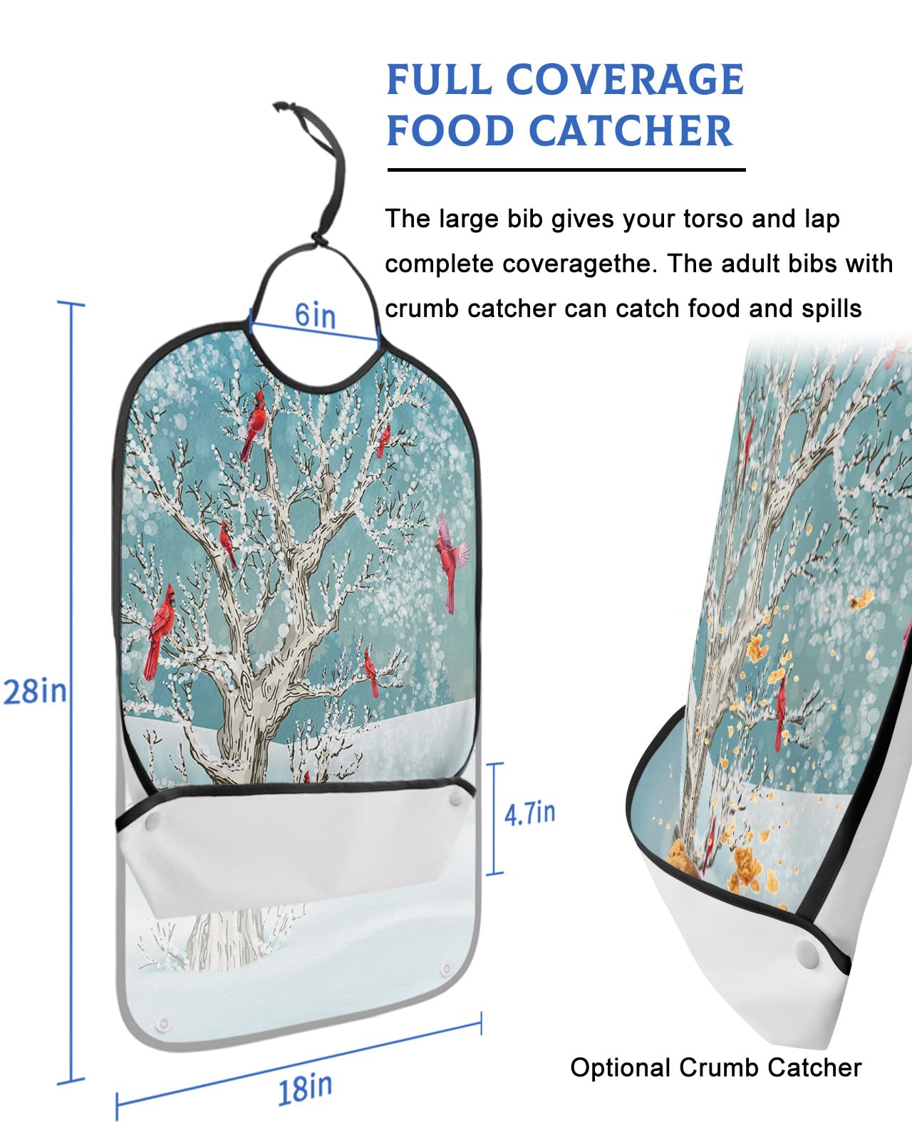 LEOKOTI Christmas Adult Bibs for Eating, Waterproof Bibs with Food Catcher & Snap Closure, Christmas Tree Xmas Birds Winter Snowflake Teal Washable Clothing Protectors Adult Bibs for Elderly