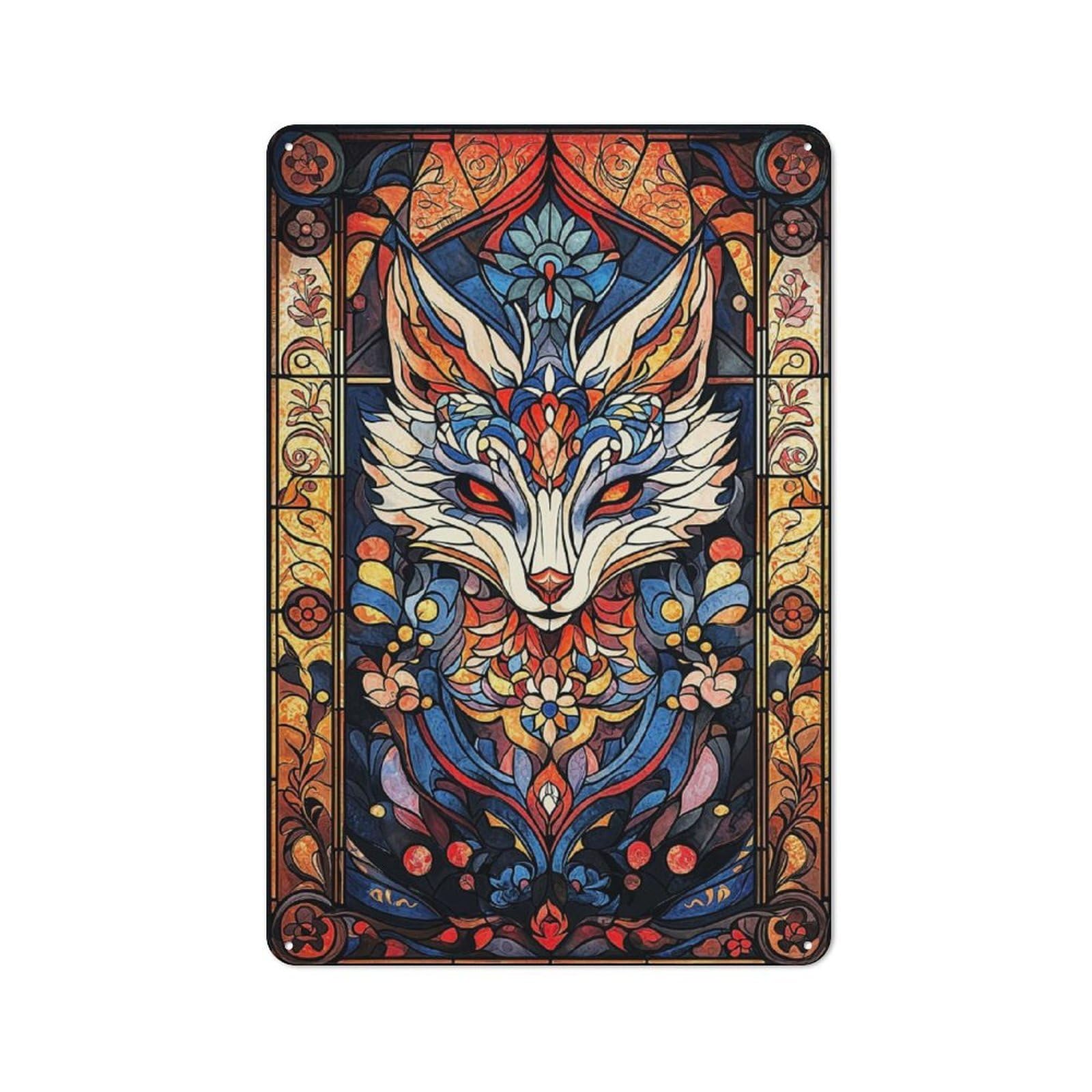 Junmoney Stained Glass Fox Vintage Retro Metal Sign 30X20cm Featuring Garage Wall Decor For Garage, Workshop, Shed Or Utility Room