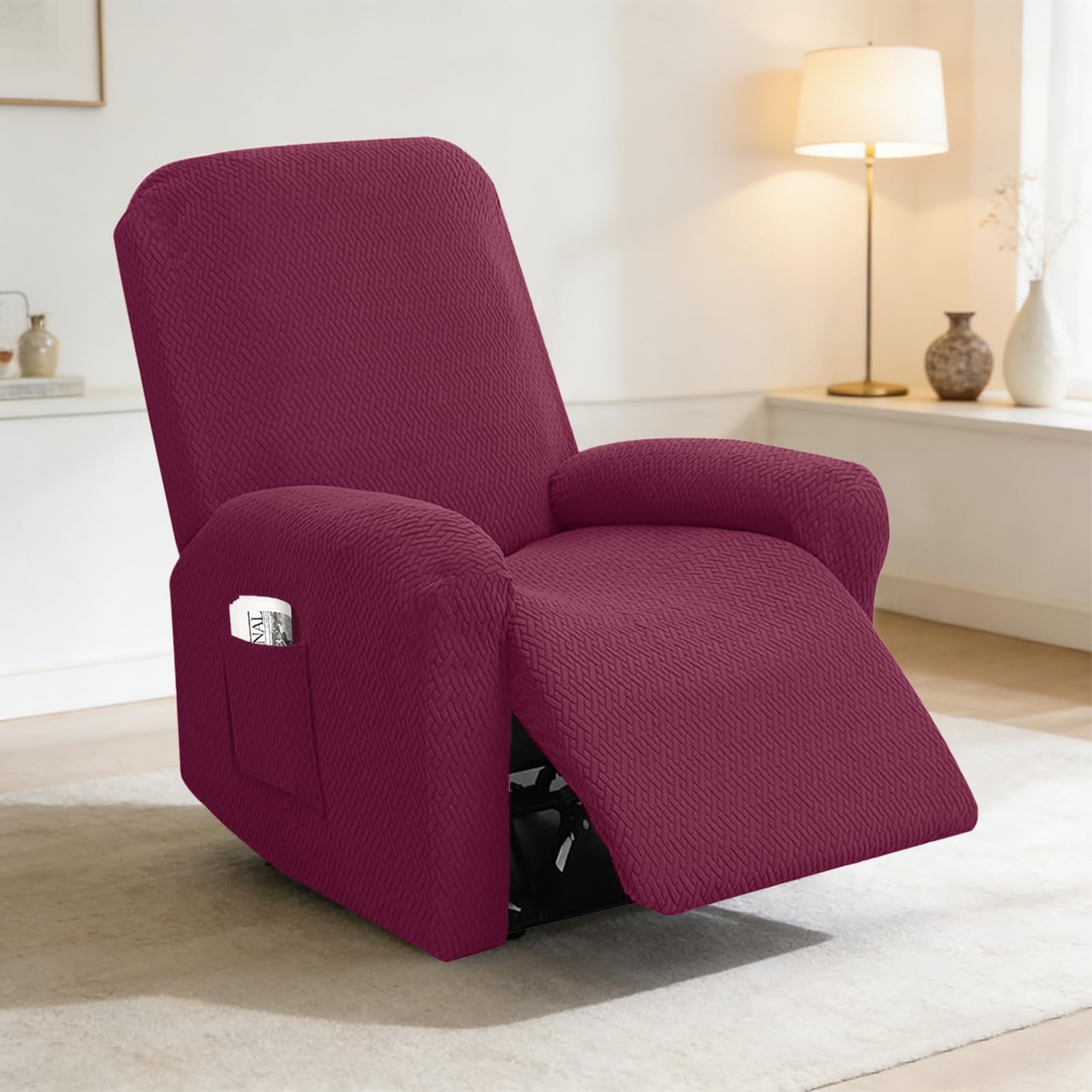Set di 4 Copri Poltrona Relax Reclinabile, Copripoltrona 1 Posto Elasticizzato con Tasche e Braccioli,Utte le Inclusive Strisce Jacquard, Lavabile (Borgogna)