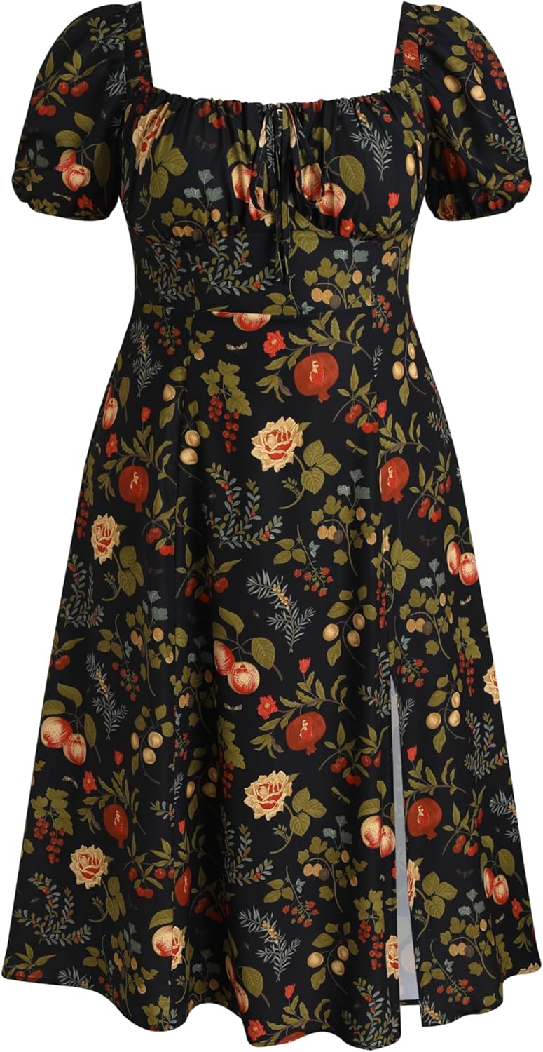 CIDER Women's Plus Size Dress Floral Fruit Square Neck Puff Sleeve Split Sun Dress Summer Midi Dresses Vacation Outfits