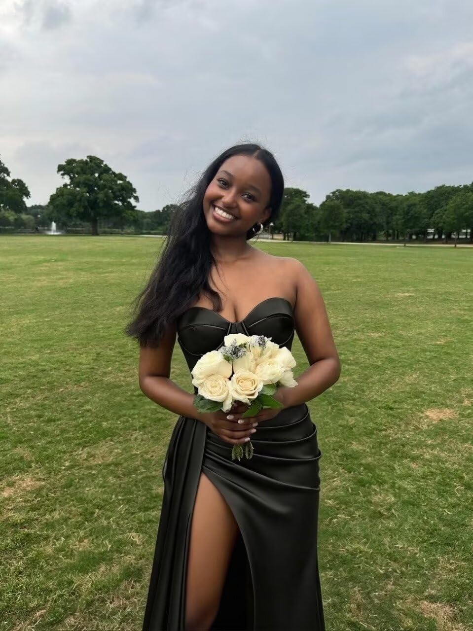 Strapless Satin Prom Dress with Slit Pleated Long Mermaid Formal Bridesmaid Dresses for Women