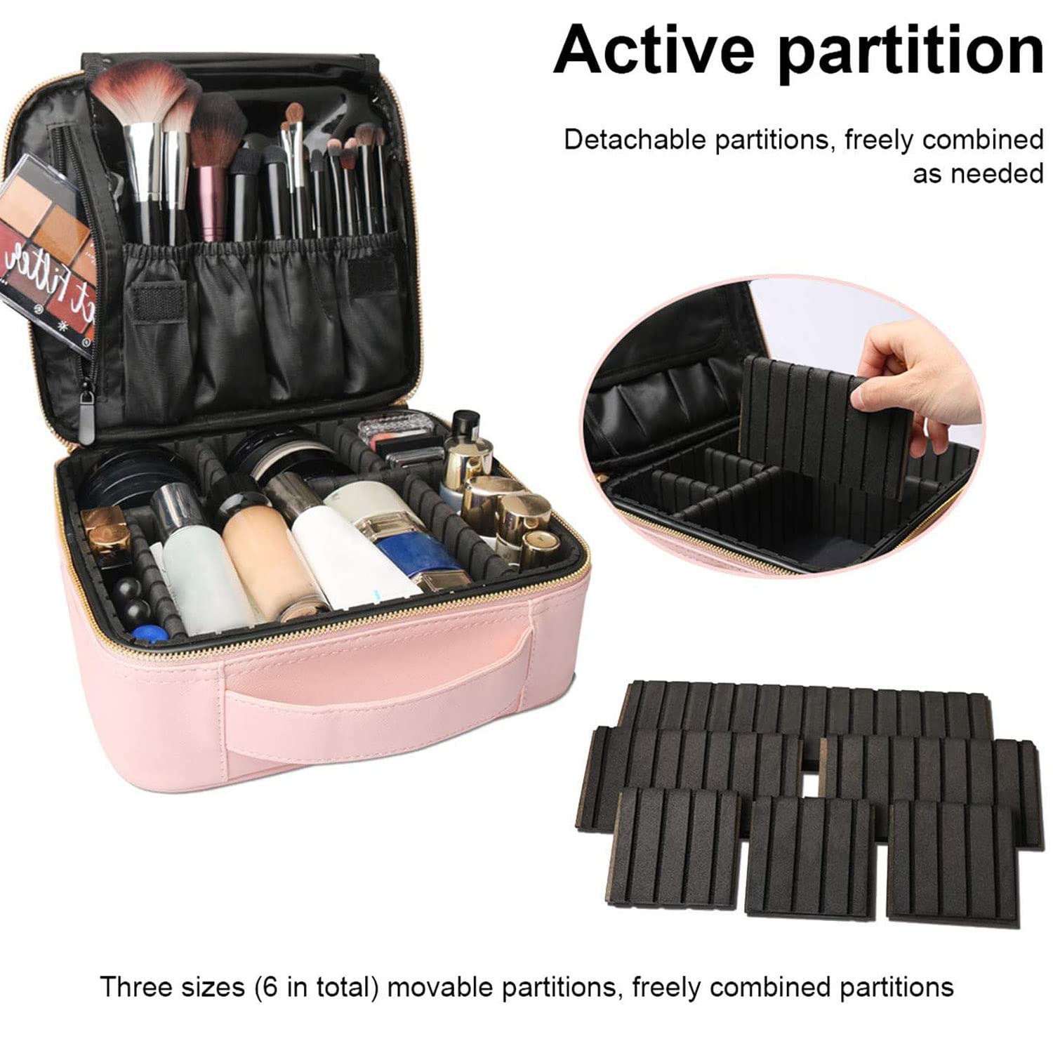Bvser Travel Makeup Case, PU Leather Portable Organizer Makeup Train Case Makeup Bag Cosmetic Case with Adjustable Dividers for Cosmetics Makeup Brushes Women (Pink) 2