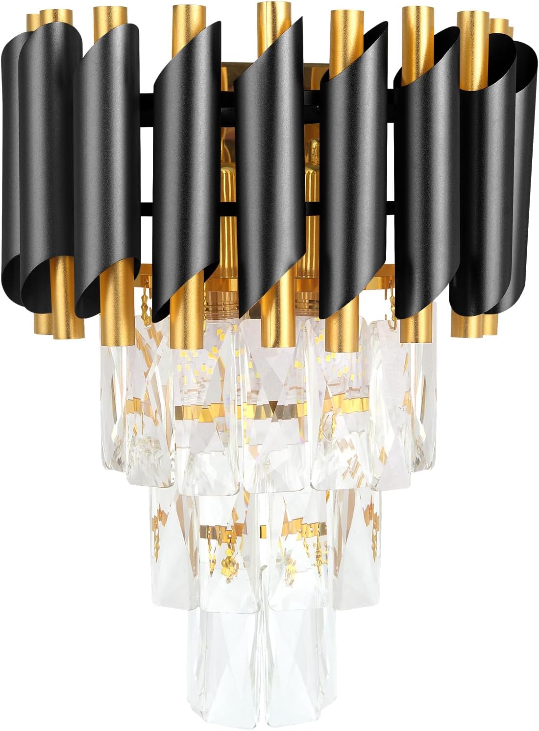 HUA QIANG WANG Modern Crystal Wall Sconce, E14 3-Tier Crystal Wall Light, Black and Gold LED Indoor Wall Lamp, Interior Lighting Decoration for Living Room, Bedroom, Dining Room,Hallway
