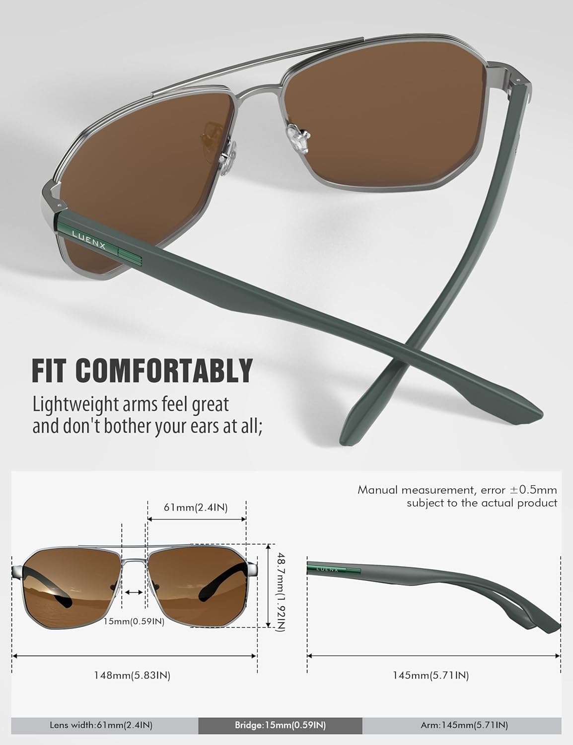 LUENX Aviator Sunglasses for Men Square Polarized Polygon Shades UV400 Sun Glasses with Accessories - Image 5