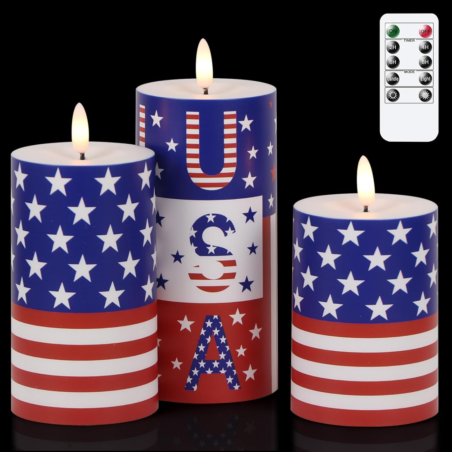USA Flag Flameless Flickering Candles Battery Operated with Remote Timer Plastic Realistic 3D Wick Outdoor Waterproof LED Pillar Candles 4th of July Dinner Decor(3 Pack, 3 x 4,5,6 Inches)