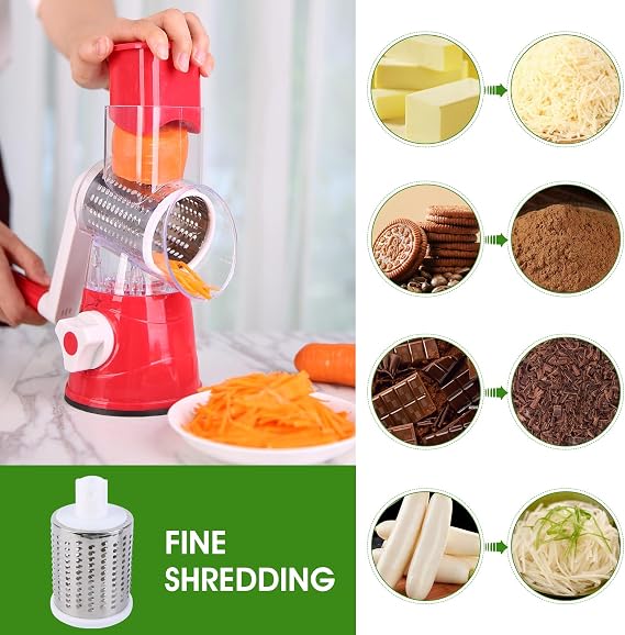 Rotary Cheese Grater Vegetable Slicer，Wieat 3 in 1 Multi-Functional Chopper with 3 Interchangeable Cylinders Stainless Steel Slicer Cutting Fruit Vegetables Cheese