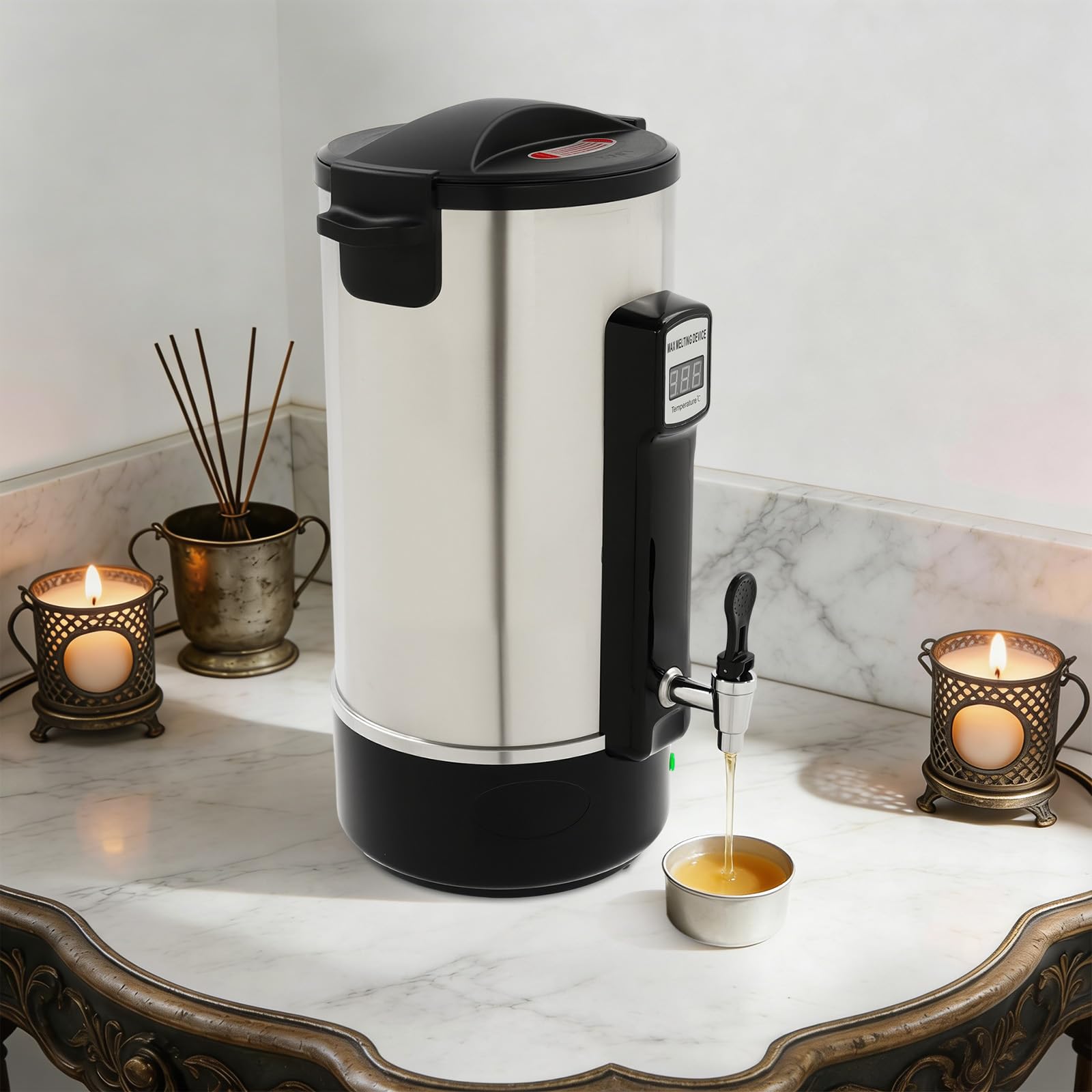 Zalydala Garnek do topienia wosku, stal nierdzewna 10 l, 1100 W, regulacja temperatury 30-110°C, z kurkiem spustowym i diodą LED, do produkcji świec sojowych, parafinowych, pszczelich
