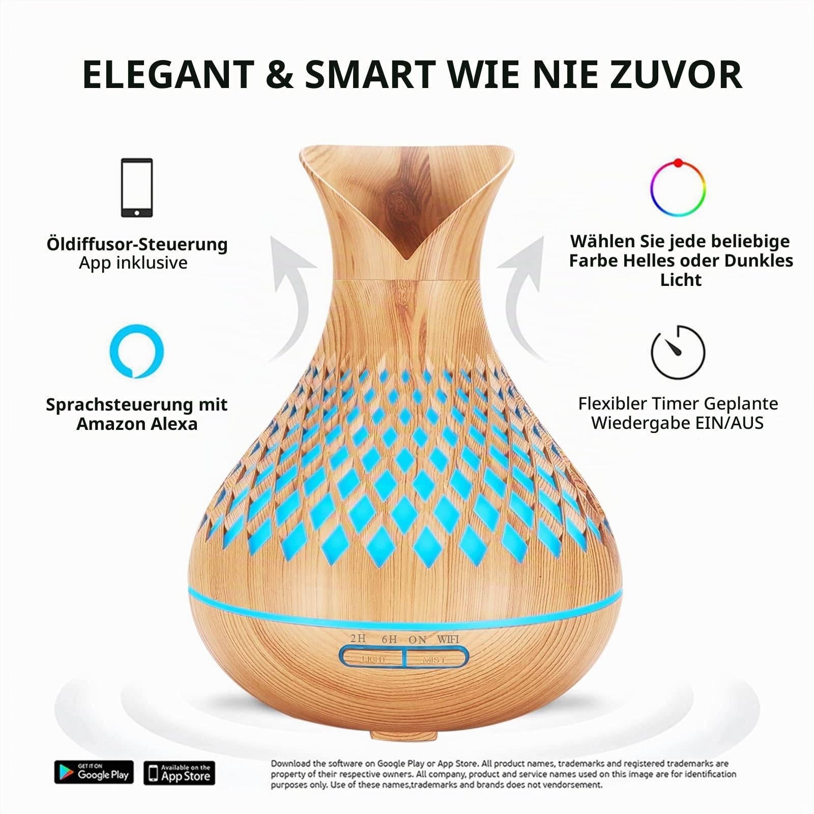Smart Alexa Aroma Diffuser mit Ätherische Öle Set, 500ml WiFi Duftöl Diffuser Luftbefeuchter, Kompatibel Alexa/Google Home und App Kontrolle, 7 Farb-LED, Zeitpläne Erstellen und 4 Timer, Auto-Off