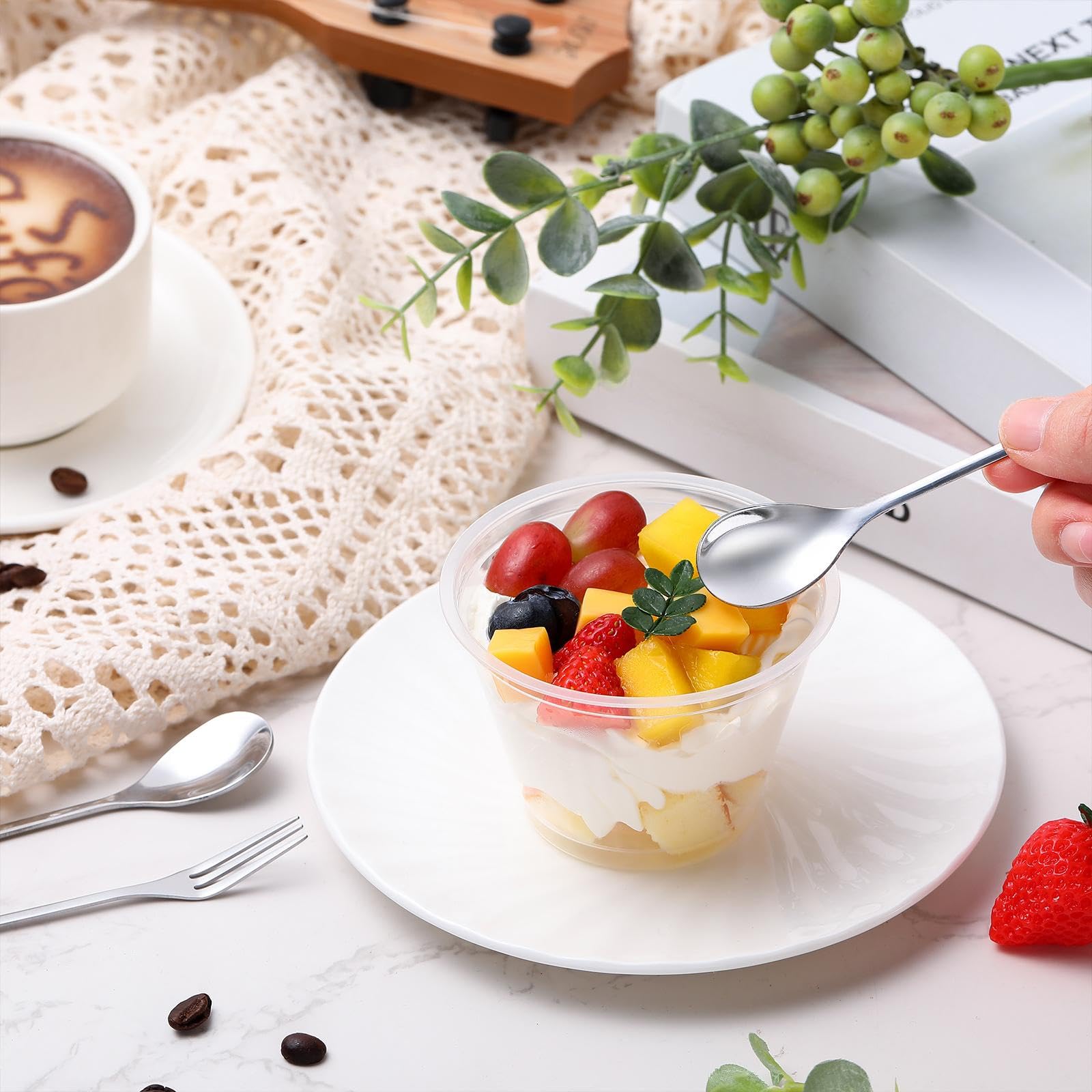 Cuchara de café de acero inoxidable y tenedor de aperitivos, cuchara de postre, mini utensilios de postre, cucharas y tenedores creativos para remover frutas, pasteles, café, té (plata, 40 piezas)