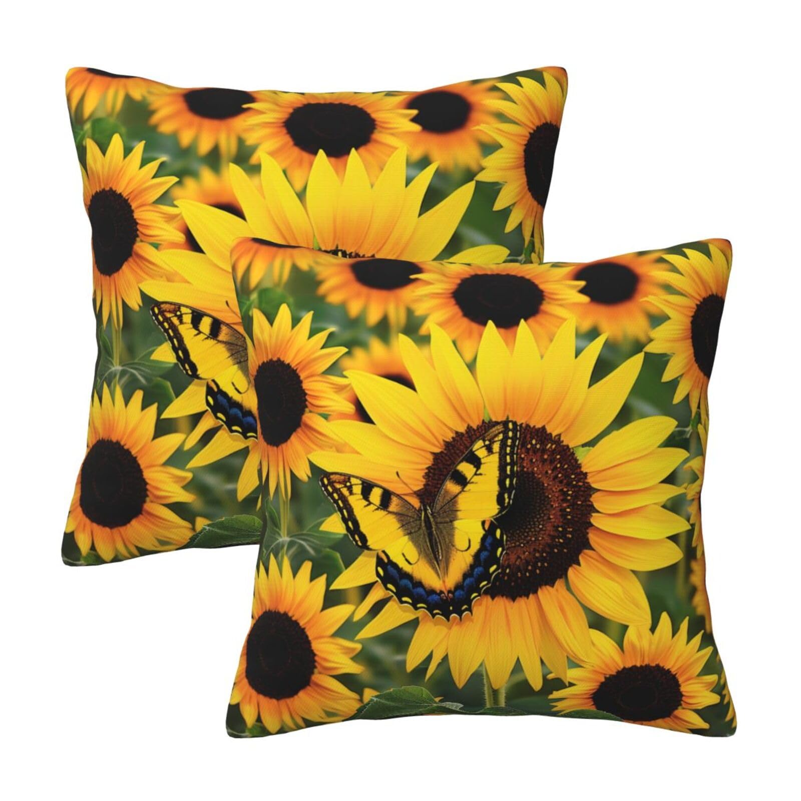 kkvhhyuo Butterfly Blooming Sunflower Plants Flowers Print Pillow Covers Set of 2, Square Decorative Cushion Covers with Hidden Zipper, Throw Pillow Cases for Living Room Sofa Bed Chair, 50x50 cm