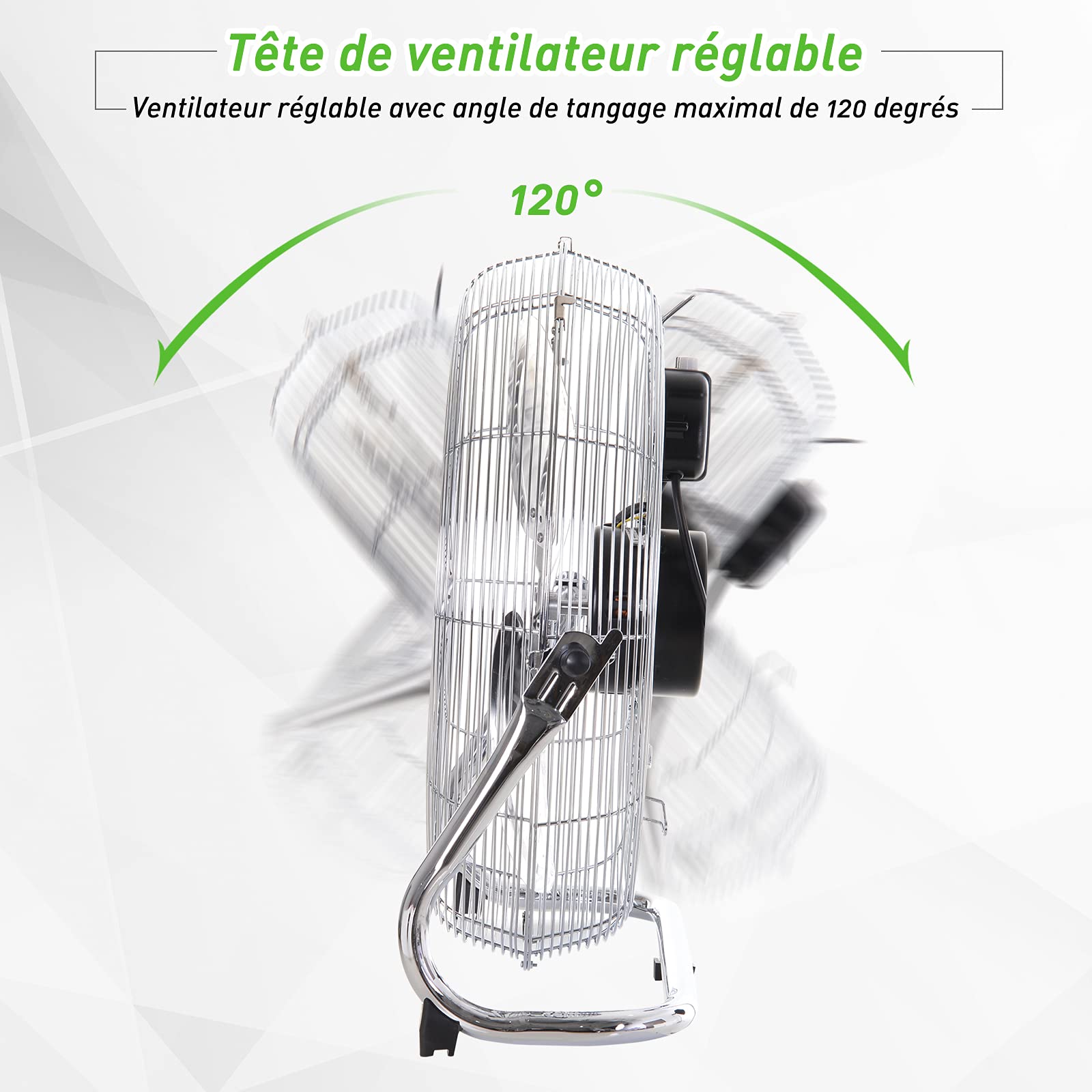 HOMCOM Ventilateur de Sol Ø51 cm Ventilateur Industriel sur pied 100 W avec 3 vitesses et inclinaison réglable à 120° en Métal pour chambre bureau Argenté